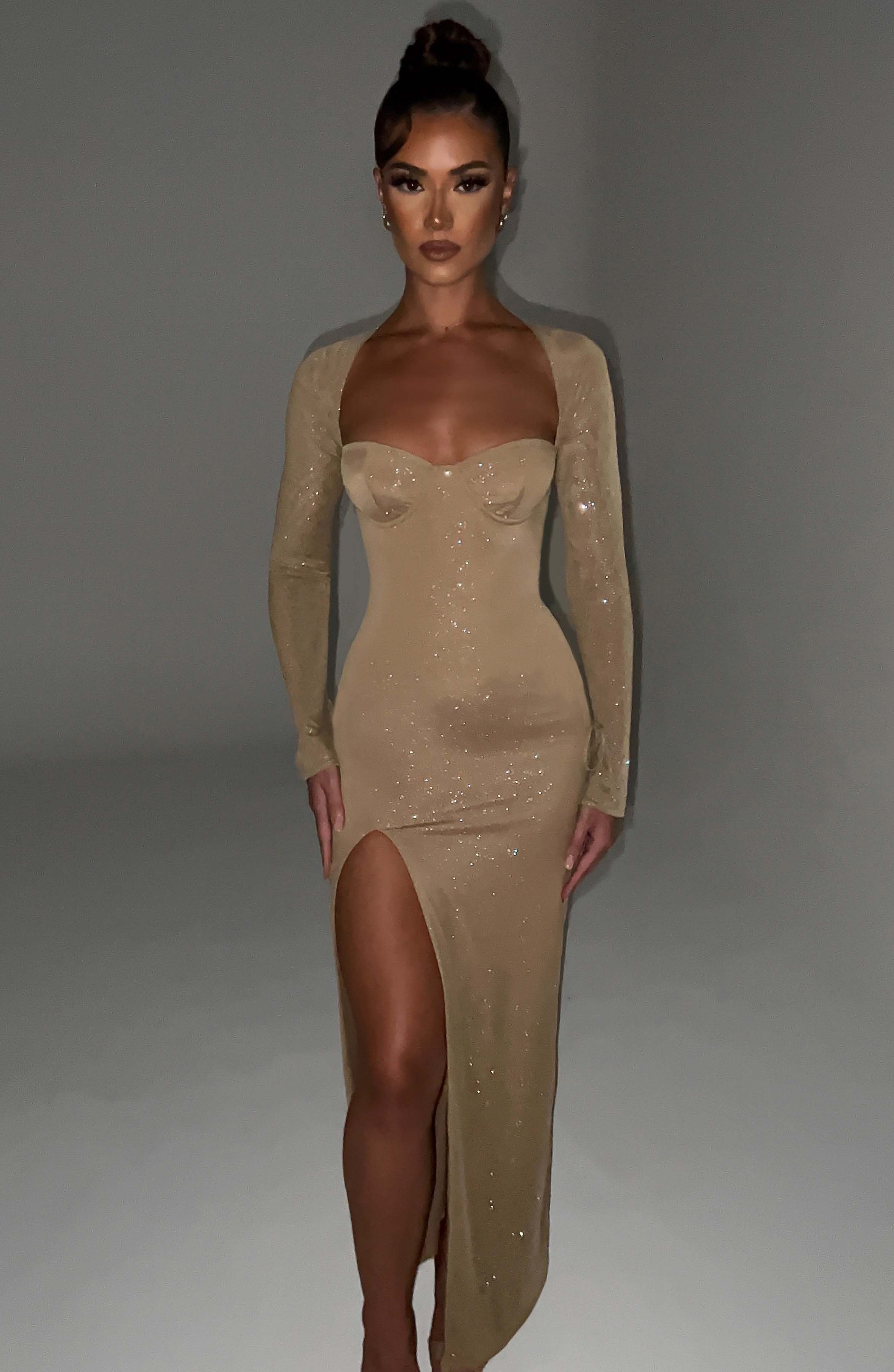 Gold Sparkle Nadia Maxi Dress with Thigh Split & Sheer Sleeves