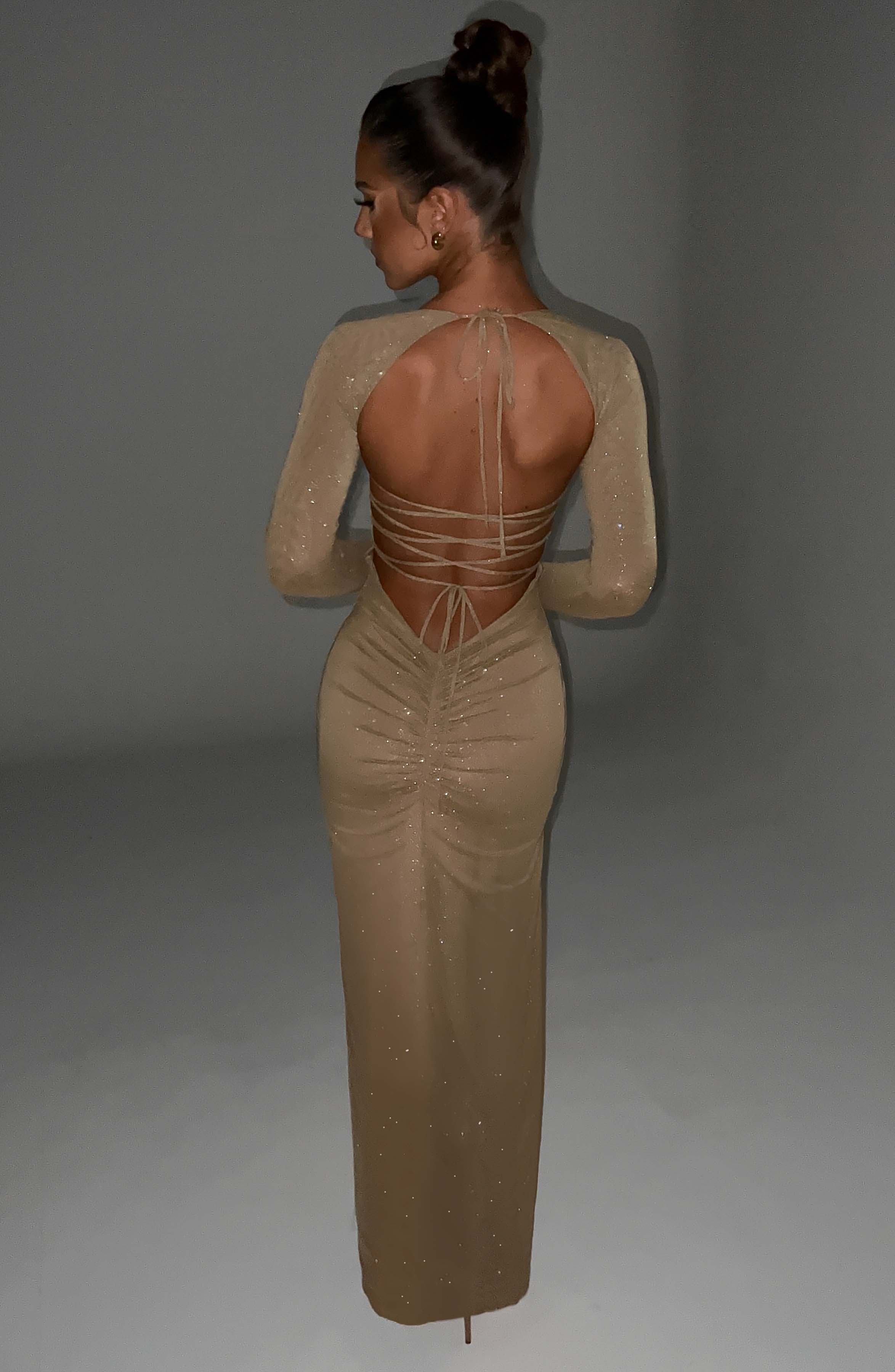 Gold Sparkle Nadia Maxi Dress with Thigh Split & Sheer Sleeves