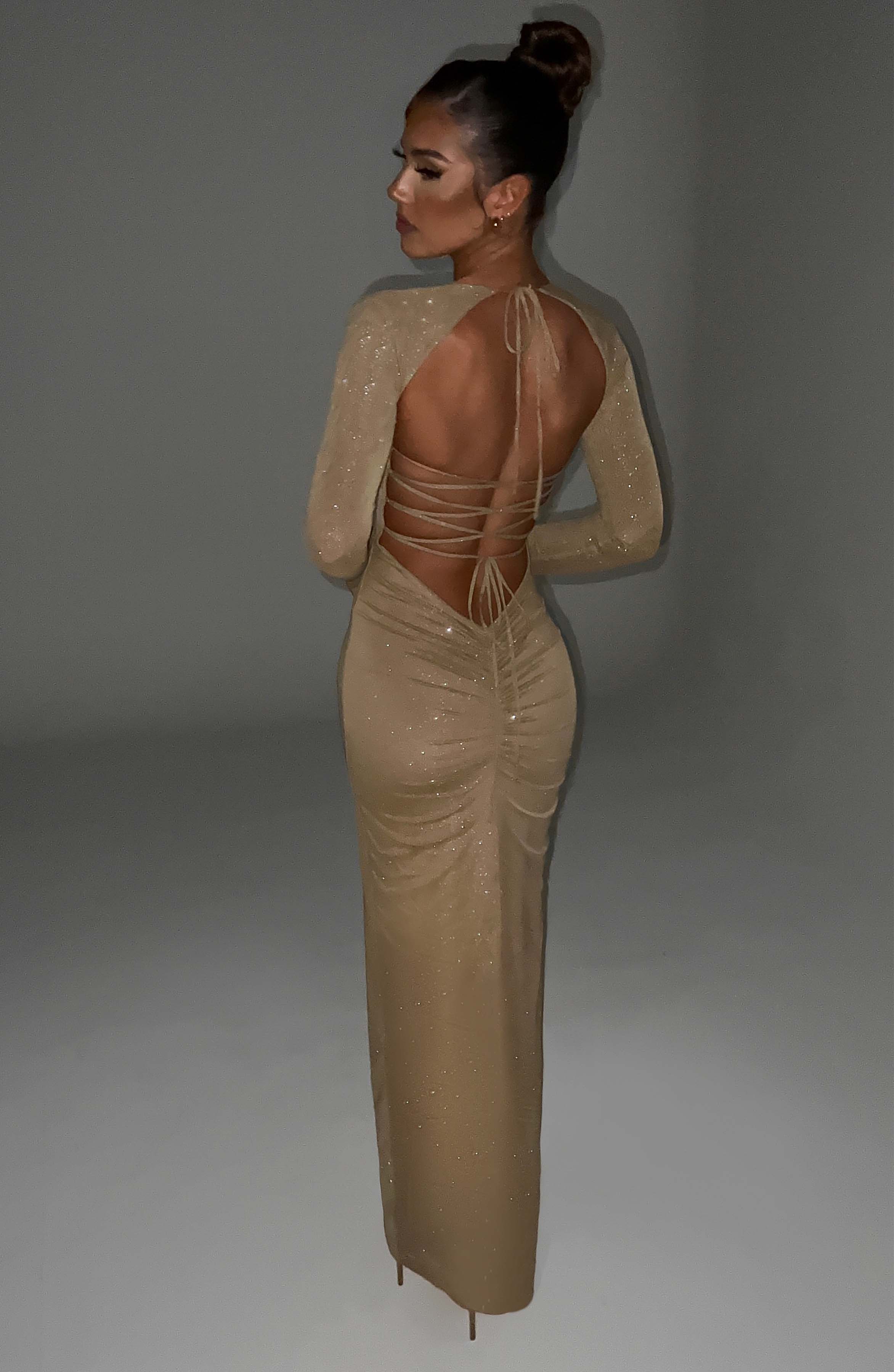 Gold Sparkle Nadia Maxi Dress with Thigh Split & Sheer Sleeves