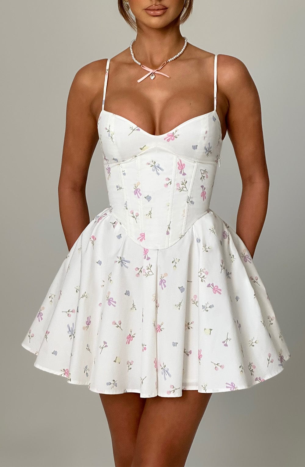 Analeigh Floral Mini Dress with Corset & Adjustable Straps - White