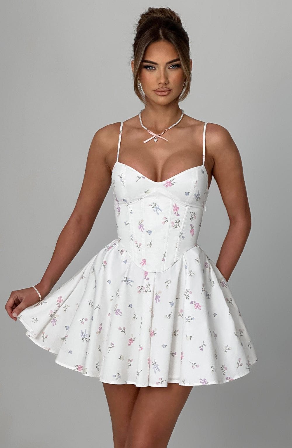 Analeigh Floral Mini Dress with Corset & Adjustable Straps - White
