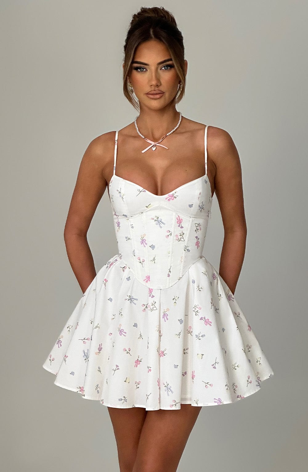 Analeigh Floral Mini Dress with Corset & Adjustable Straps - White