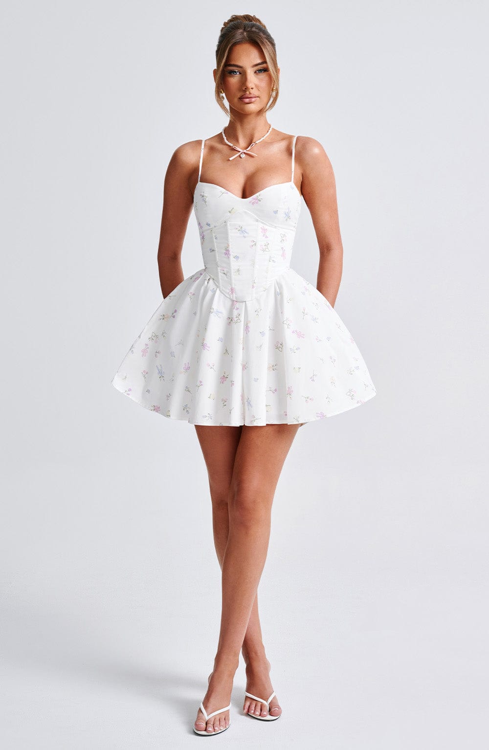 Analeigh Floral Mini Dress with Corset & Adjustable Straps - White