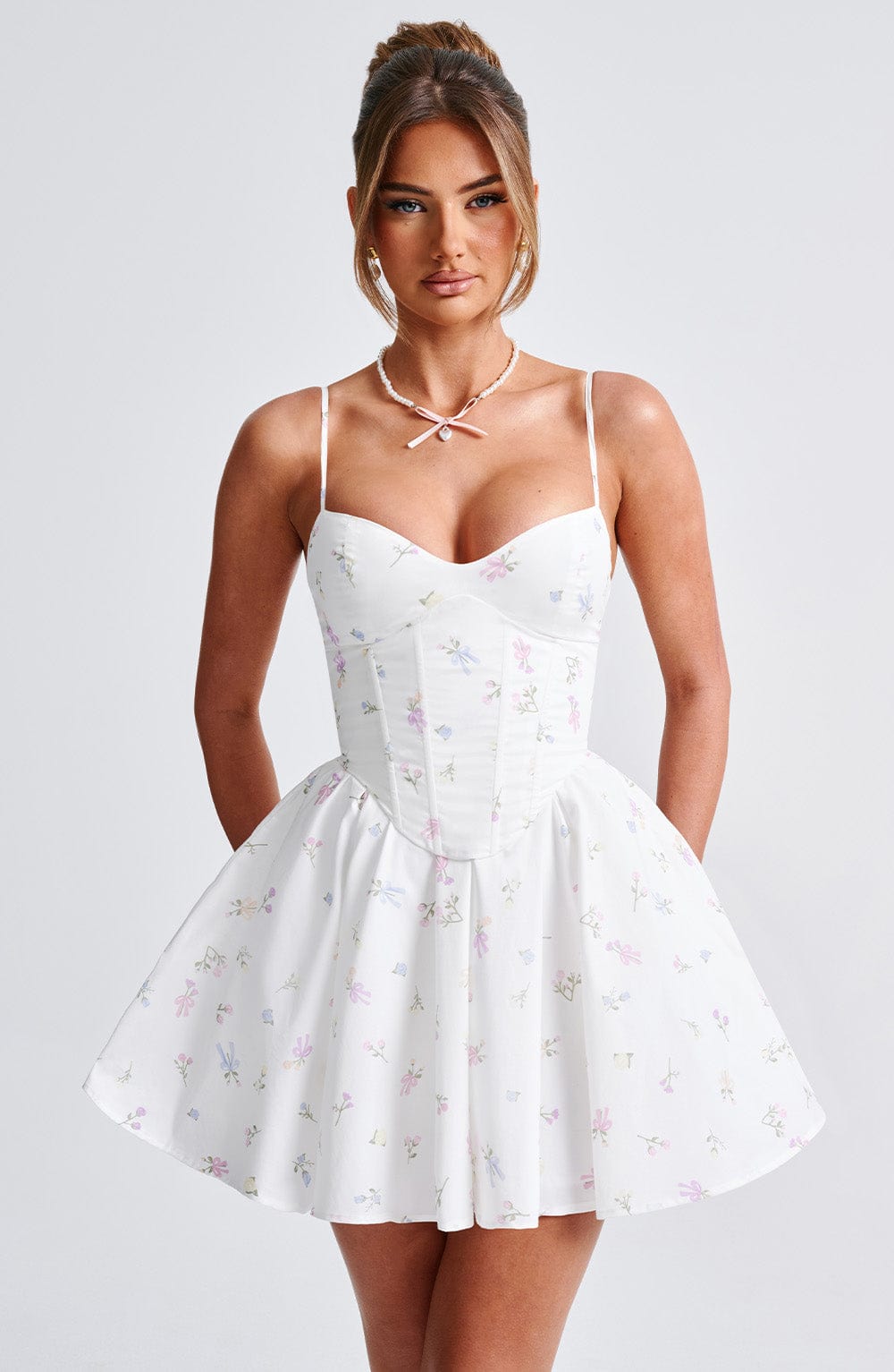 Analeigh Floral Mini Dress with Corset & Adjustable Straps - White