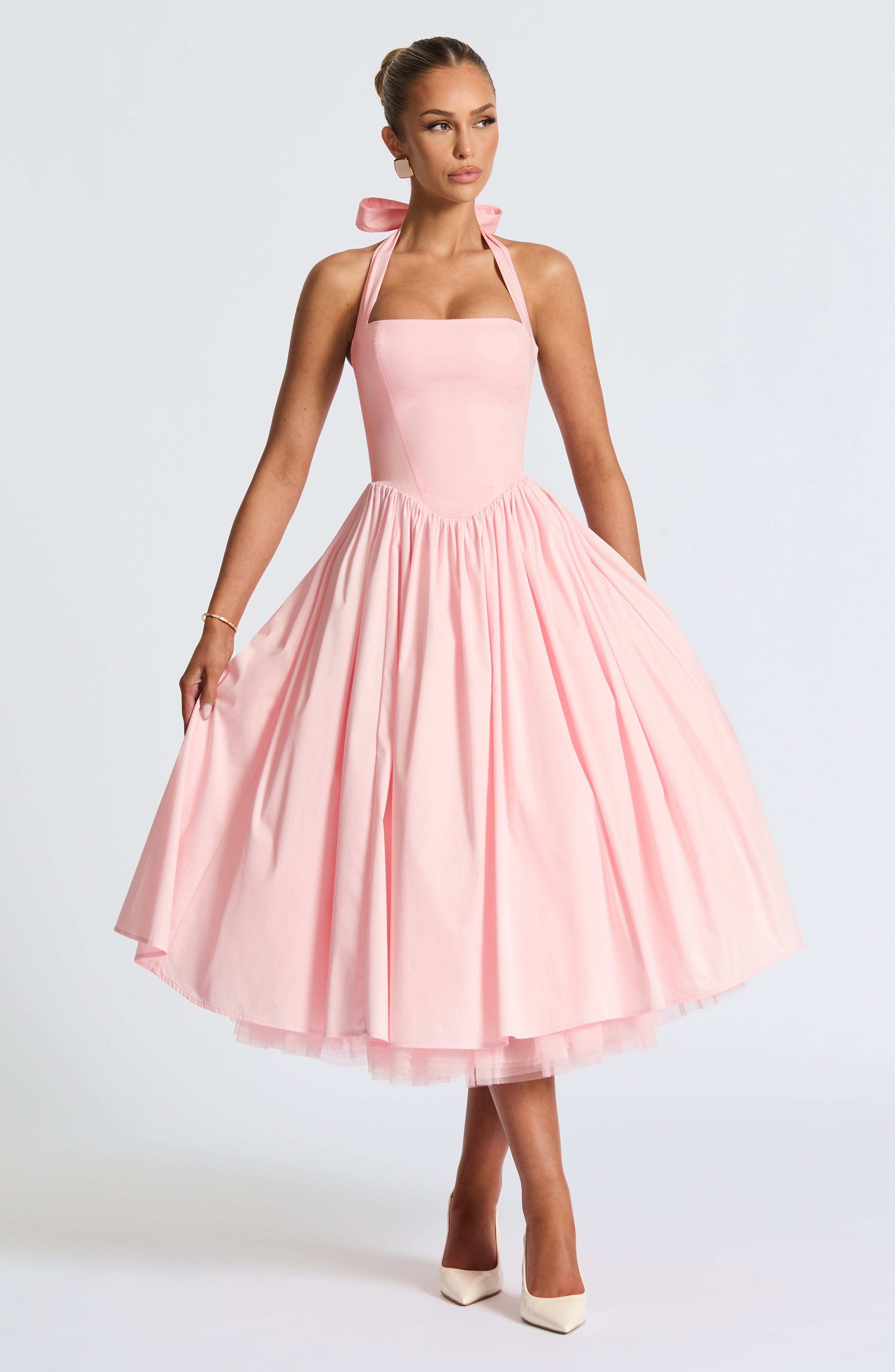Cressida Blush Halter Neck Midi Dress with Lace Up Back
