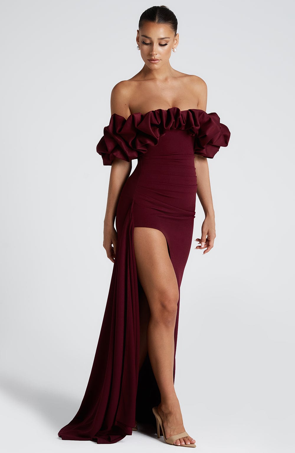 Cherry Lacquer Elsie Maxi Dress with Bardot Neckline & Thigh Split