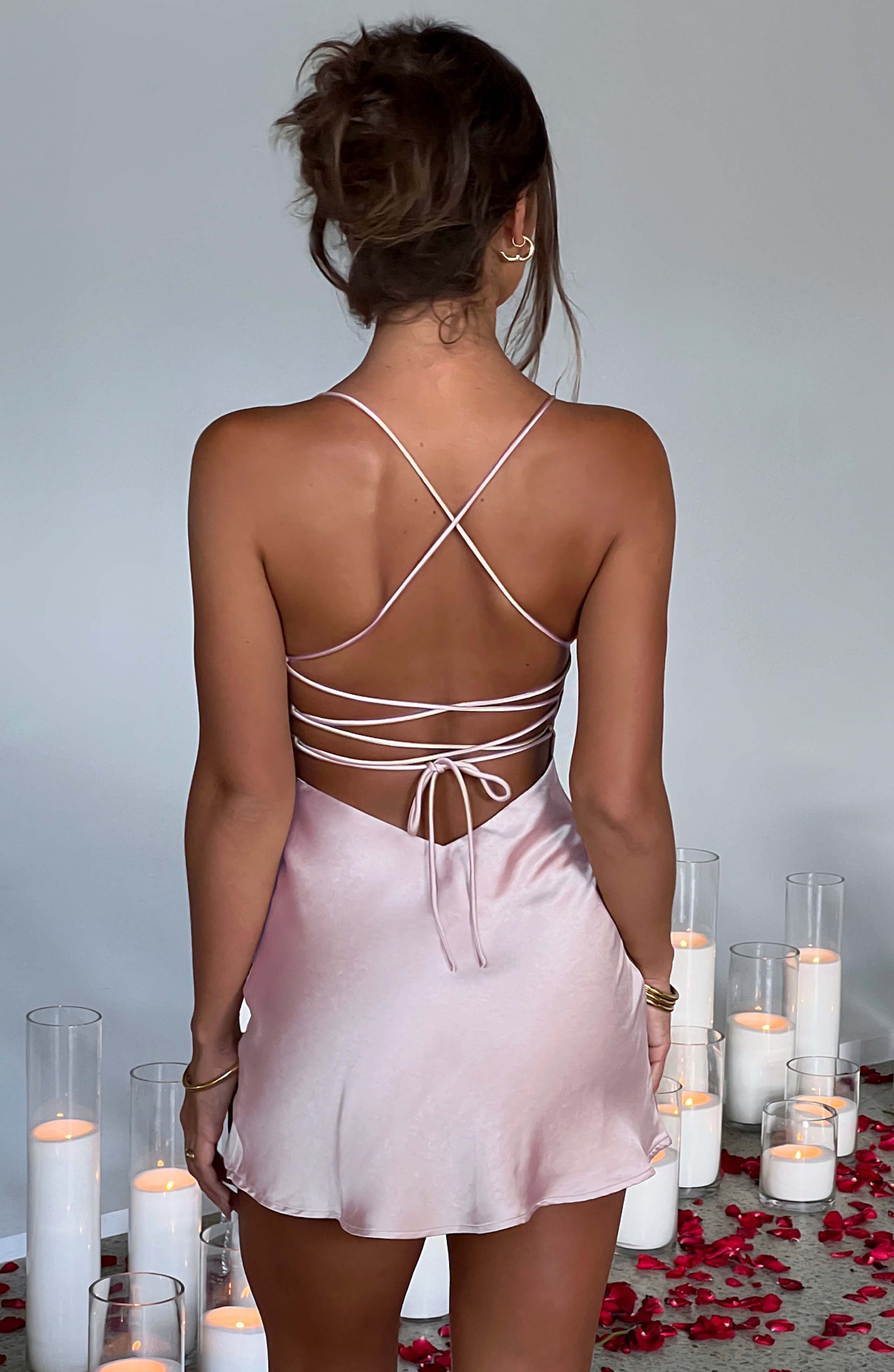Avril Satin Mini Dress with Tie Back - Blush Pink