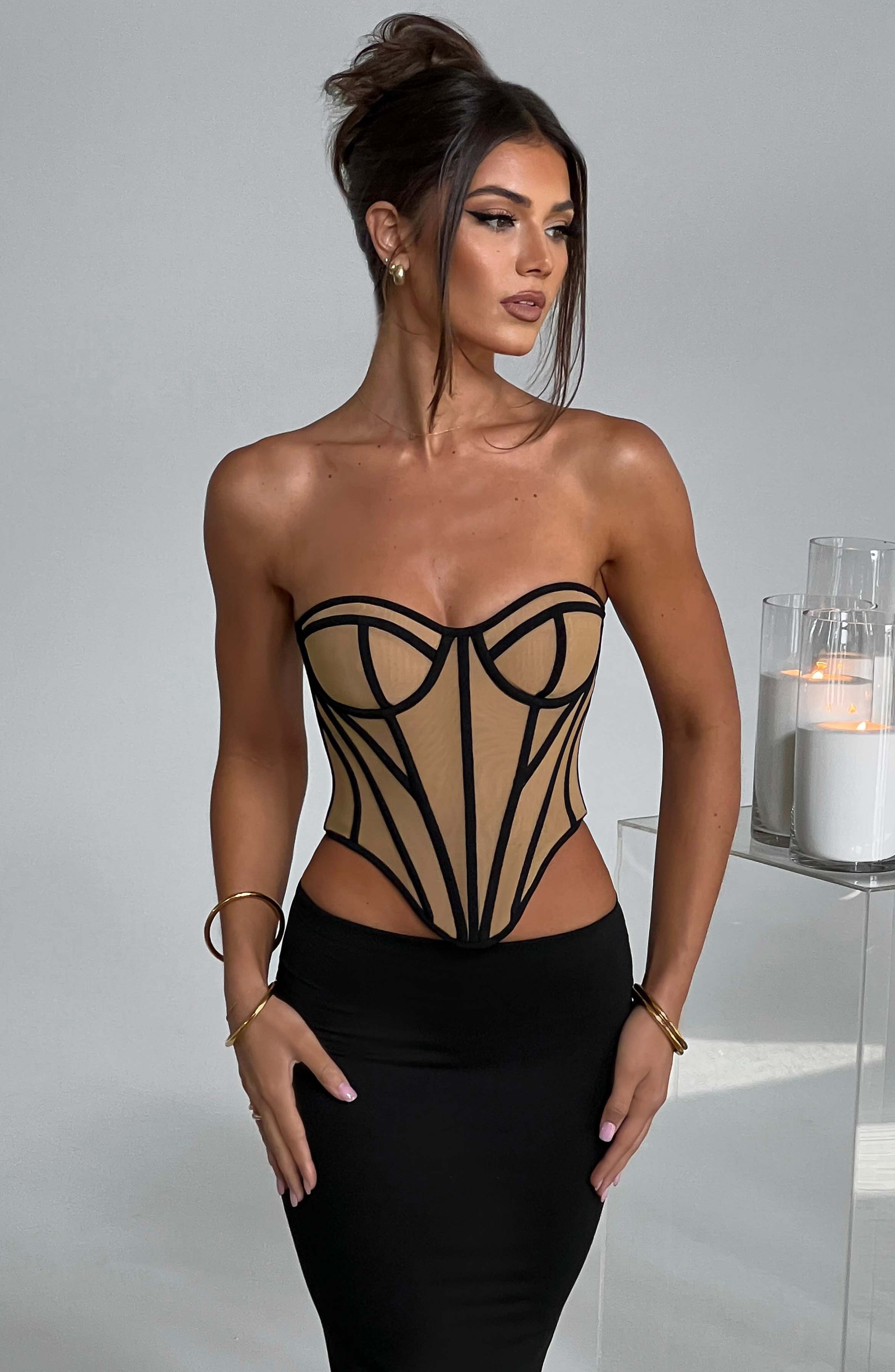 Santanna Mesh Corset - Black Nude Boned Waist Sculpting Lingerie
