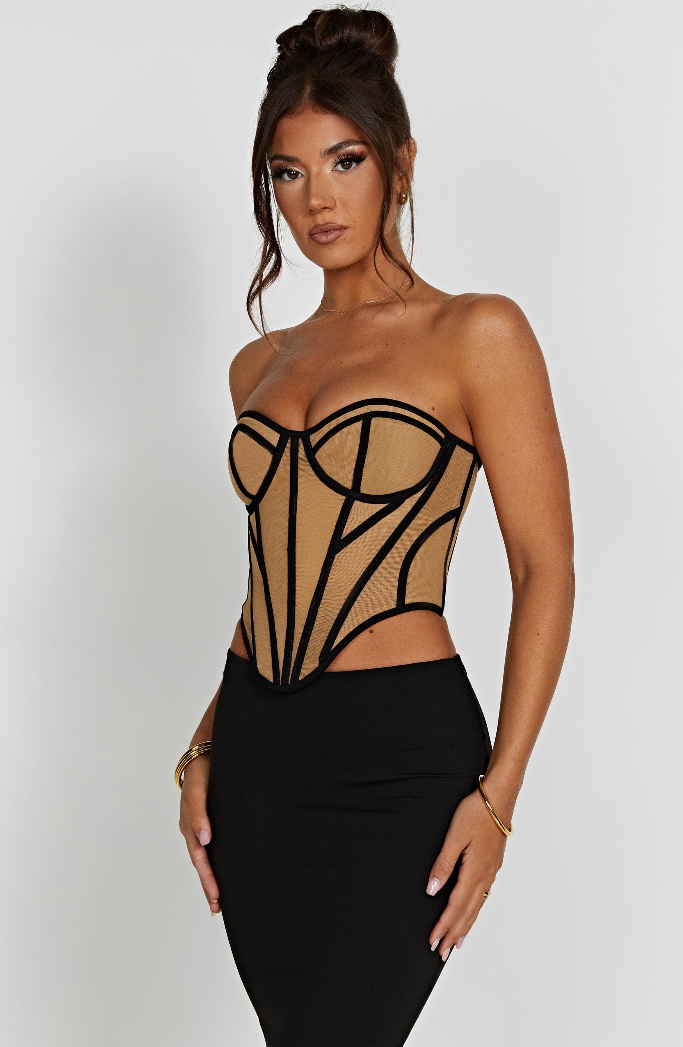 Santanna Mesh Corset - Black Nude Boned Waist Sculpting Lingerie
