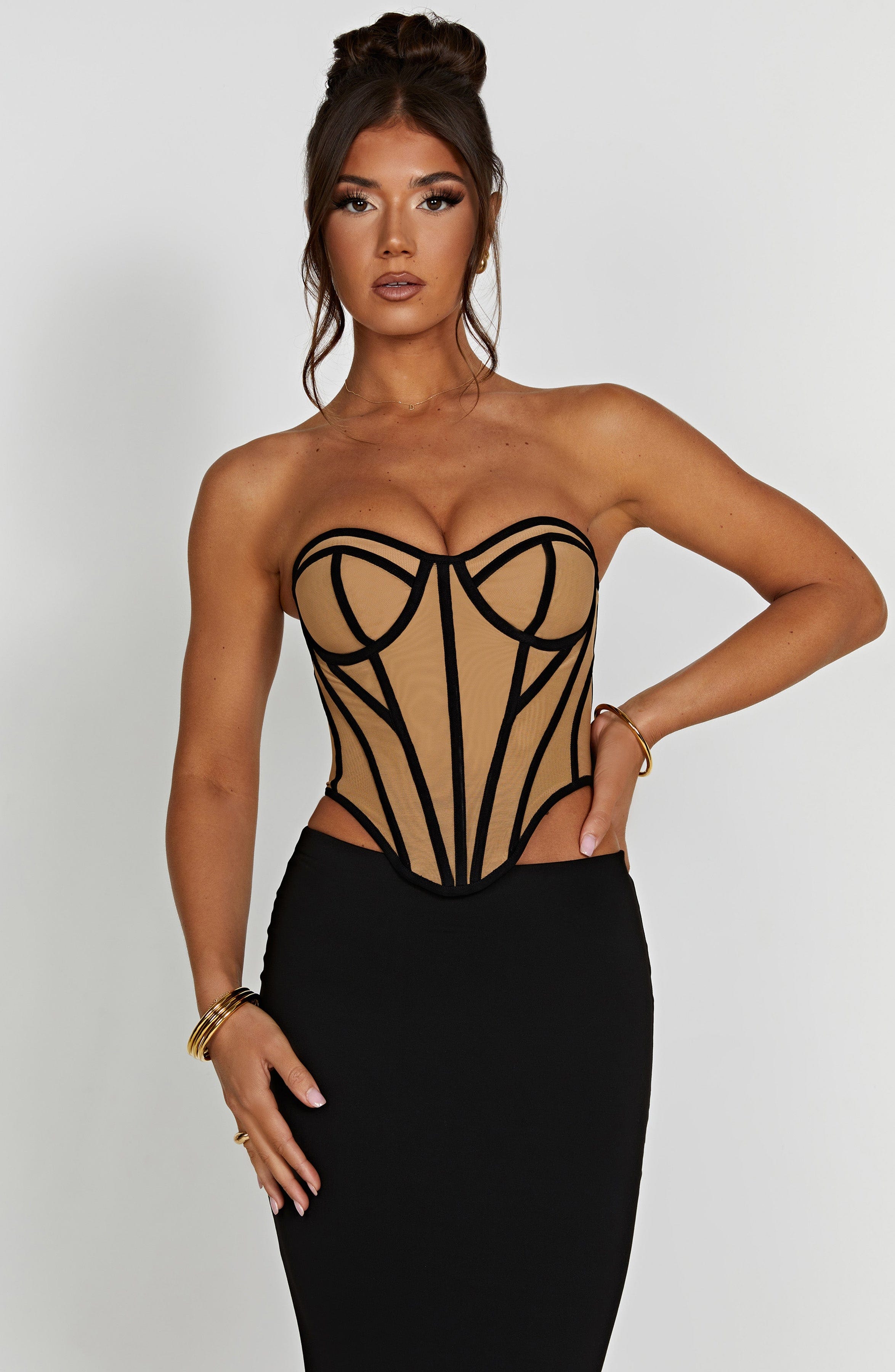 Santanna Mesh Corset - Black Nude Boned Waist Sculpting Lingerie