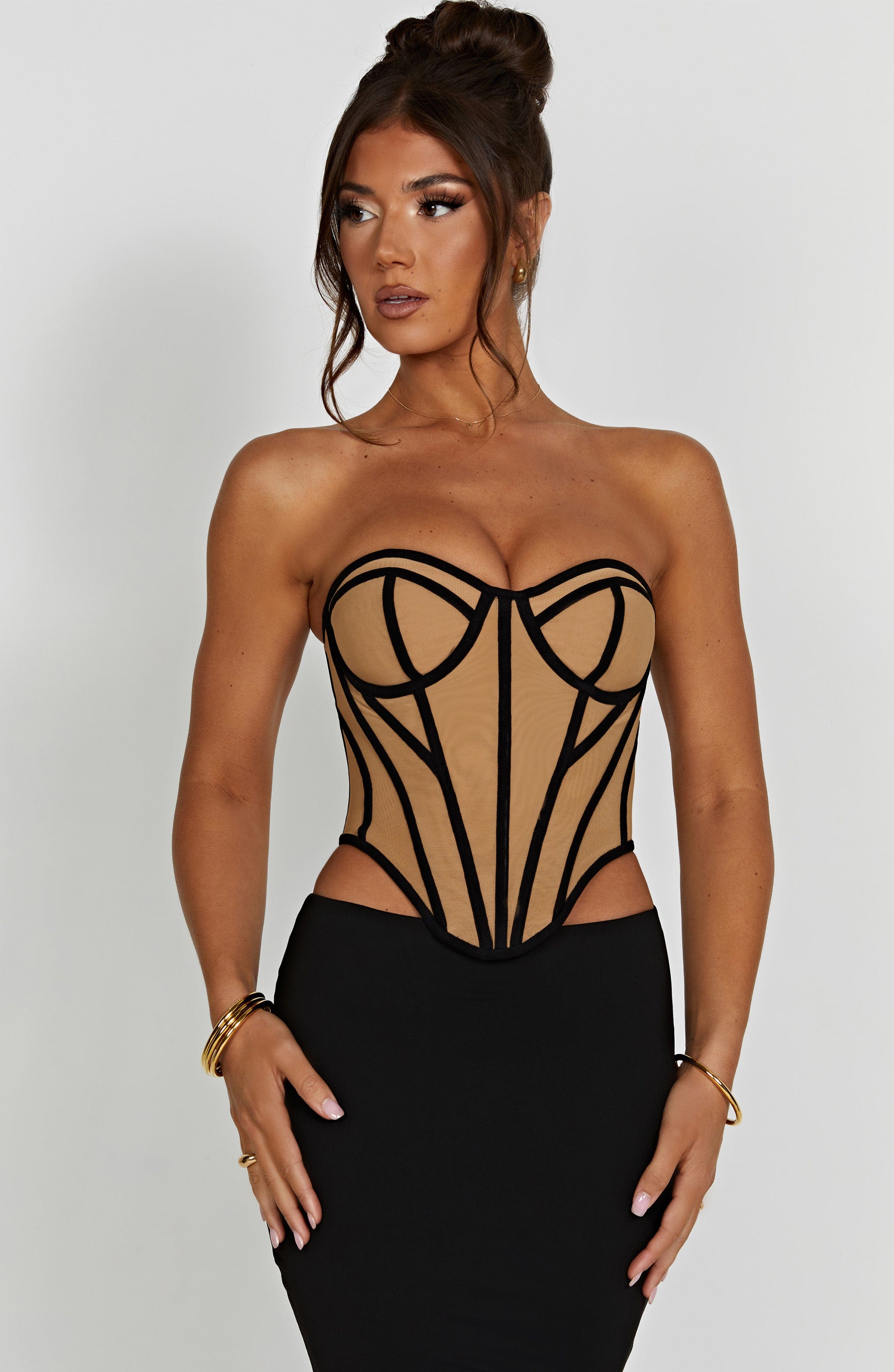 Santanna Mesh Corset - Black Nude Boned Waist Sculpting Lingerie