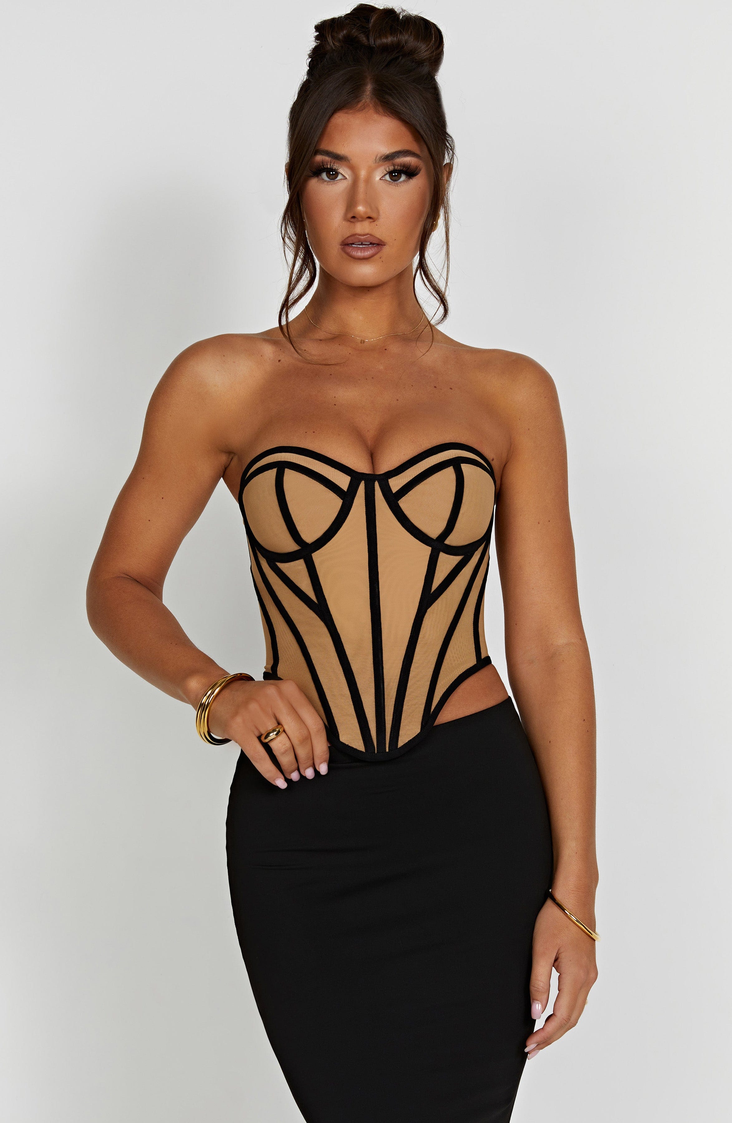 Santanna Mesh Corset - Black Nude Boned Waist Sculpting Lingerie