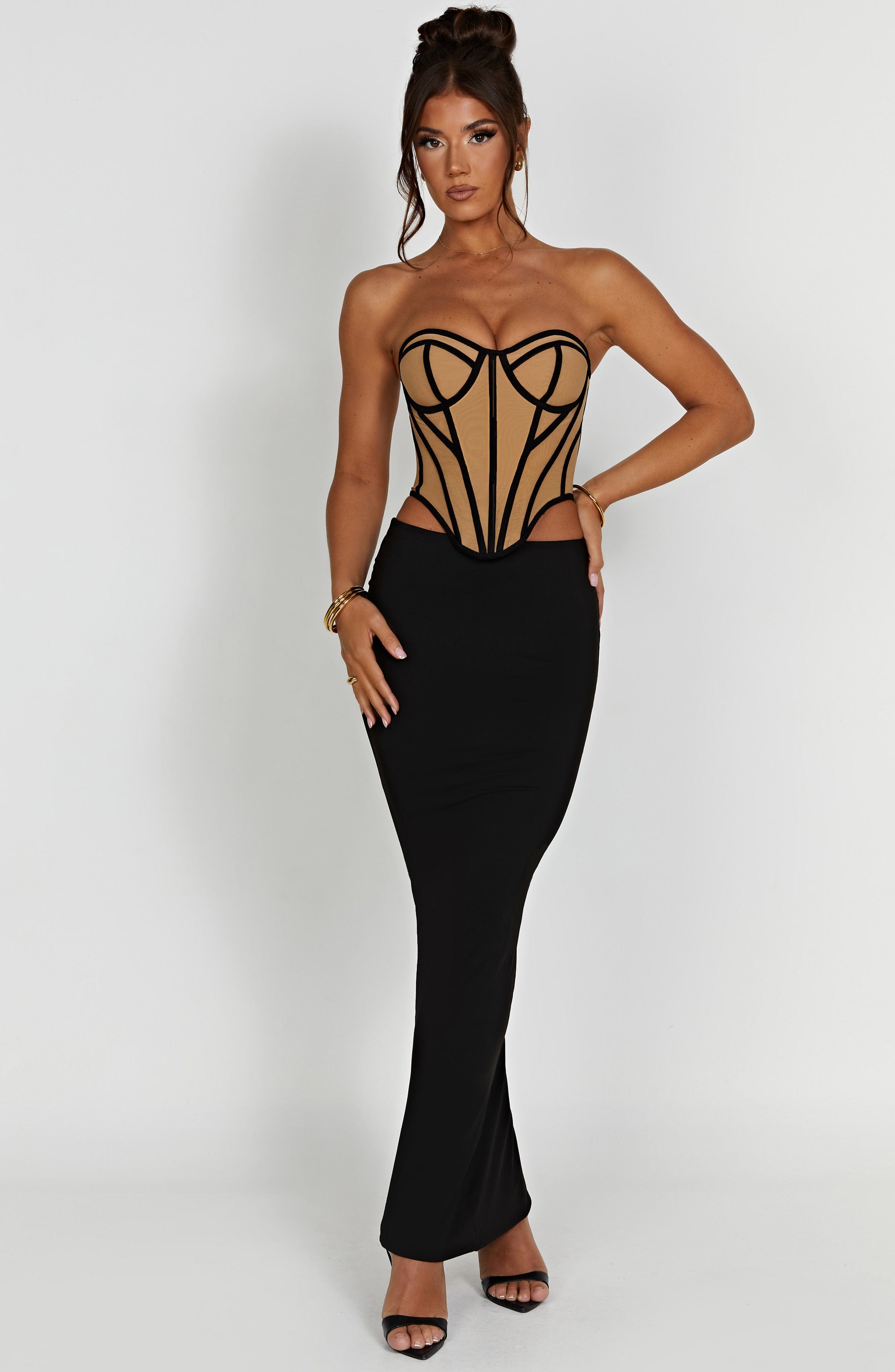 Santanna Mesh Corset - Black Nude Boned Waist Sculpting Lingerie