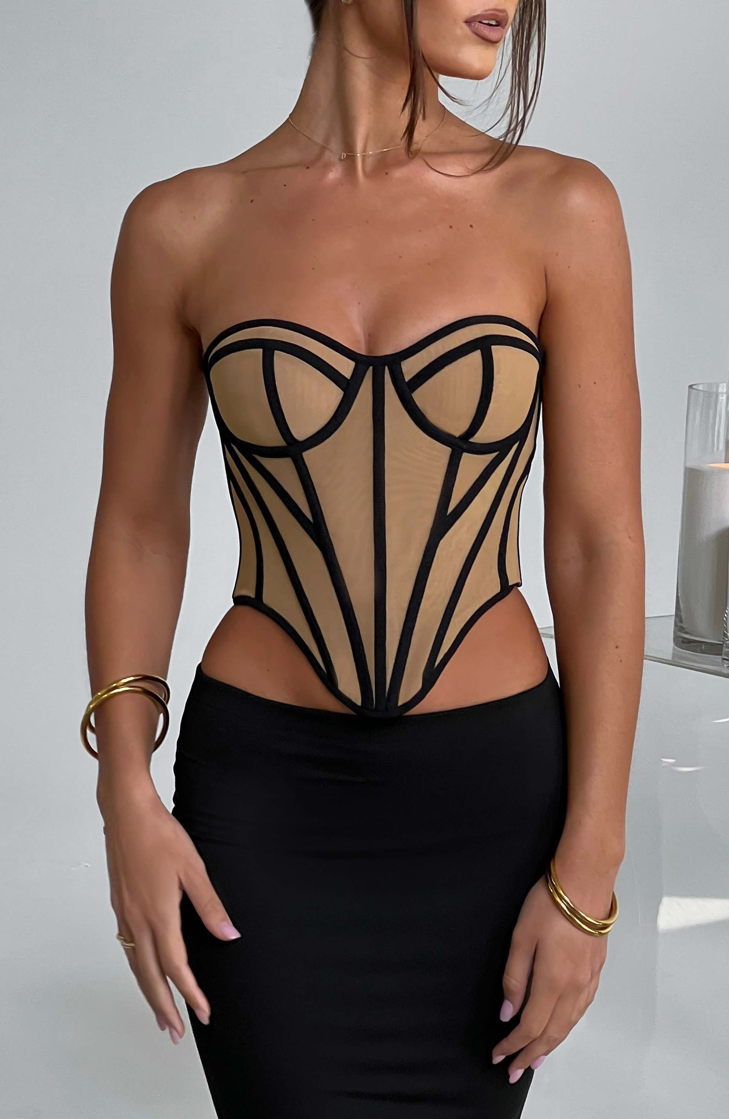 Santanna Mesh Corset - Black Nude Boned Waist Sculpting Lingerie