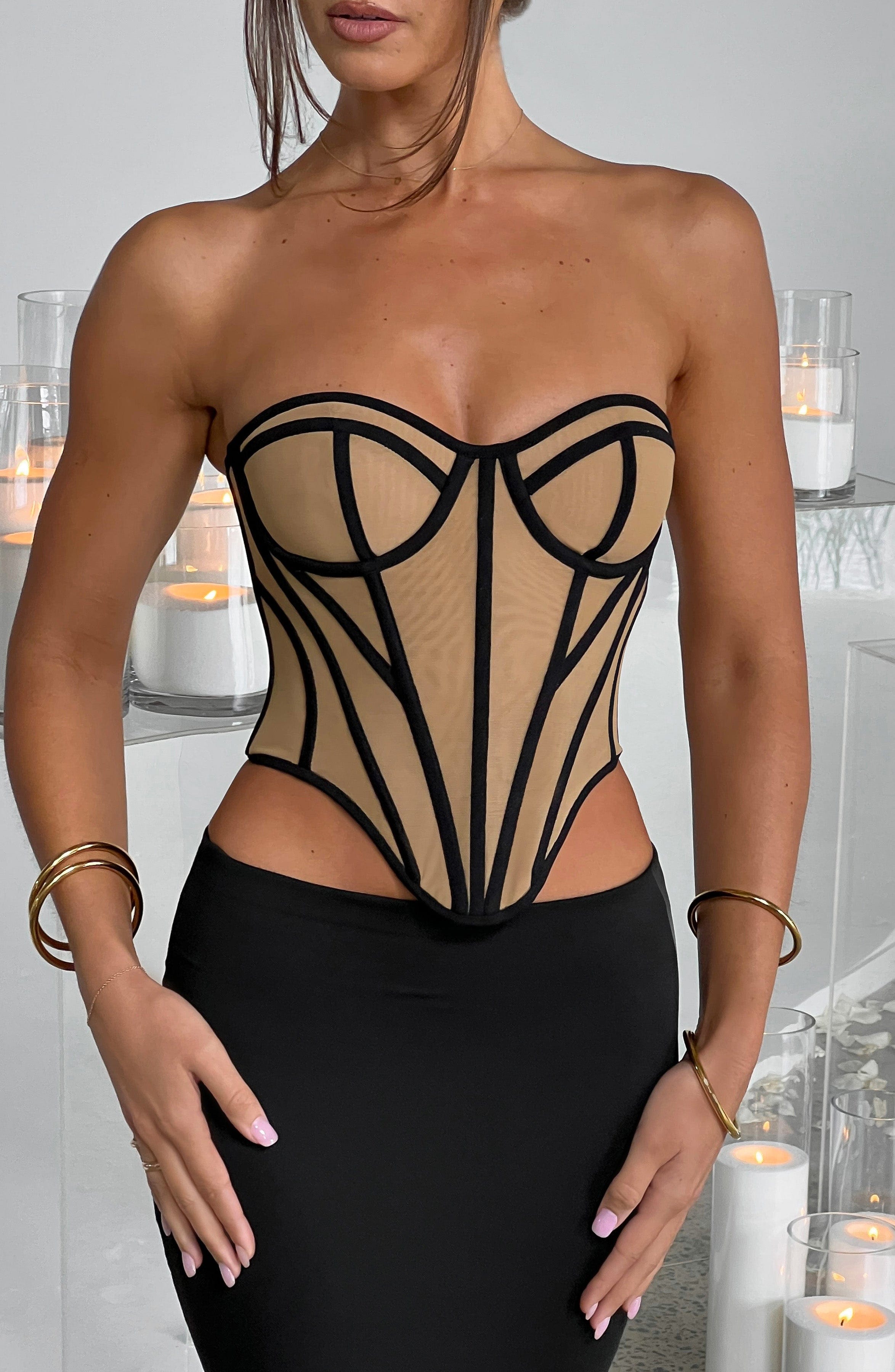 Santanna Mesh Corset - Black Nude Boned Waist Sculpting Lingerie