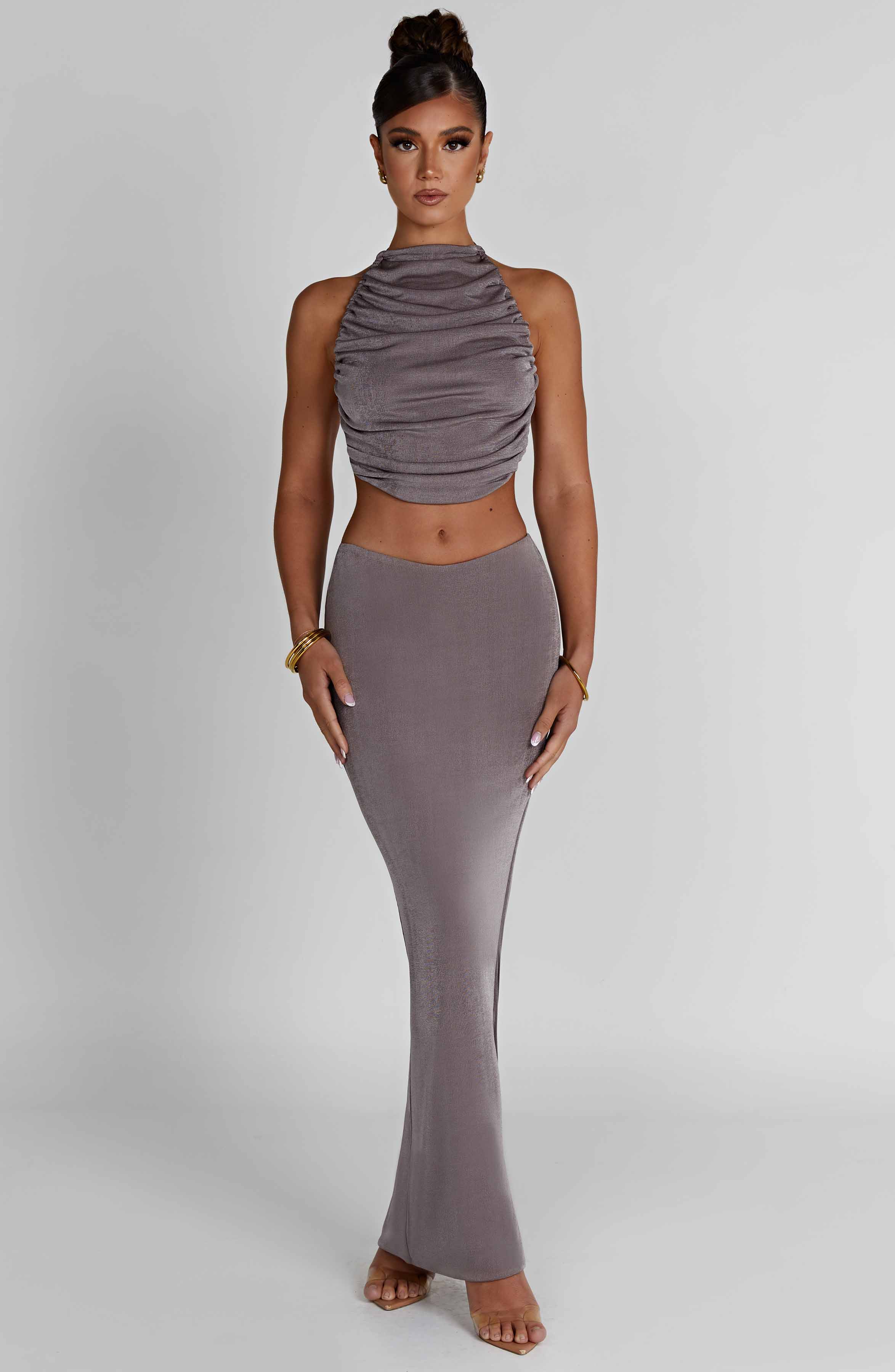 Fifi High Shine Jersey Maxi Skirt - Low Waist Charcoal