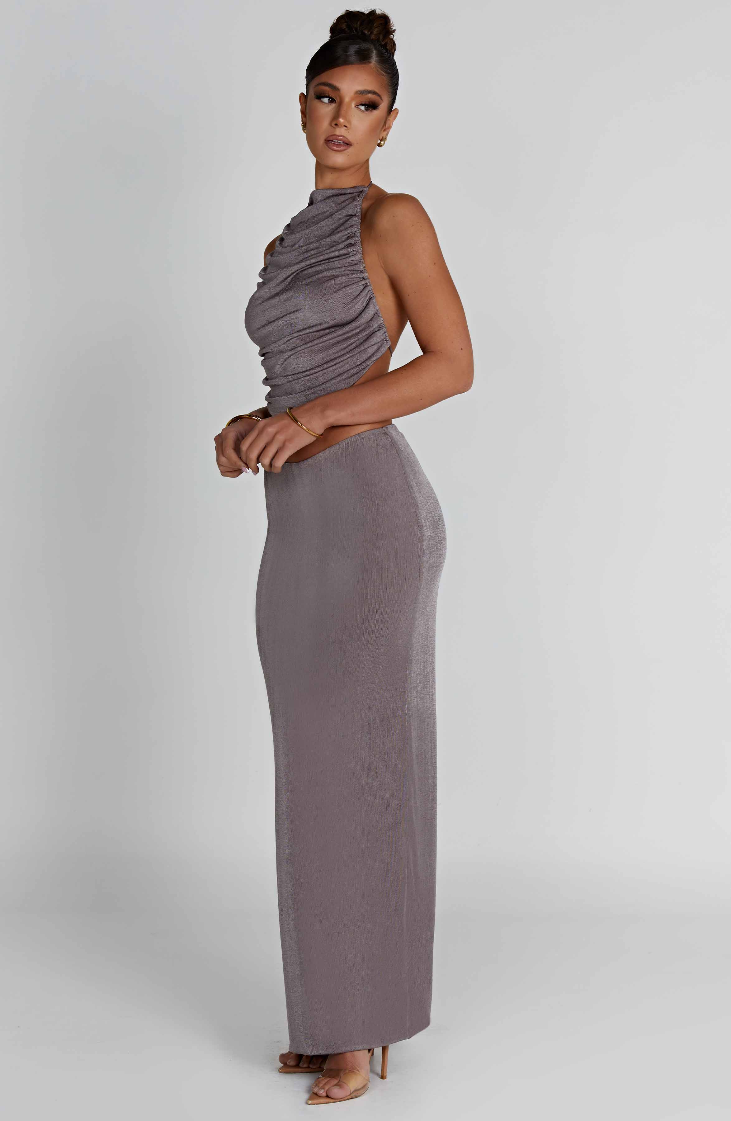 Fifi High Shine Jersey Maxi Skirt - Low Waist Charcoal