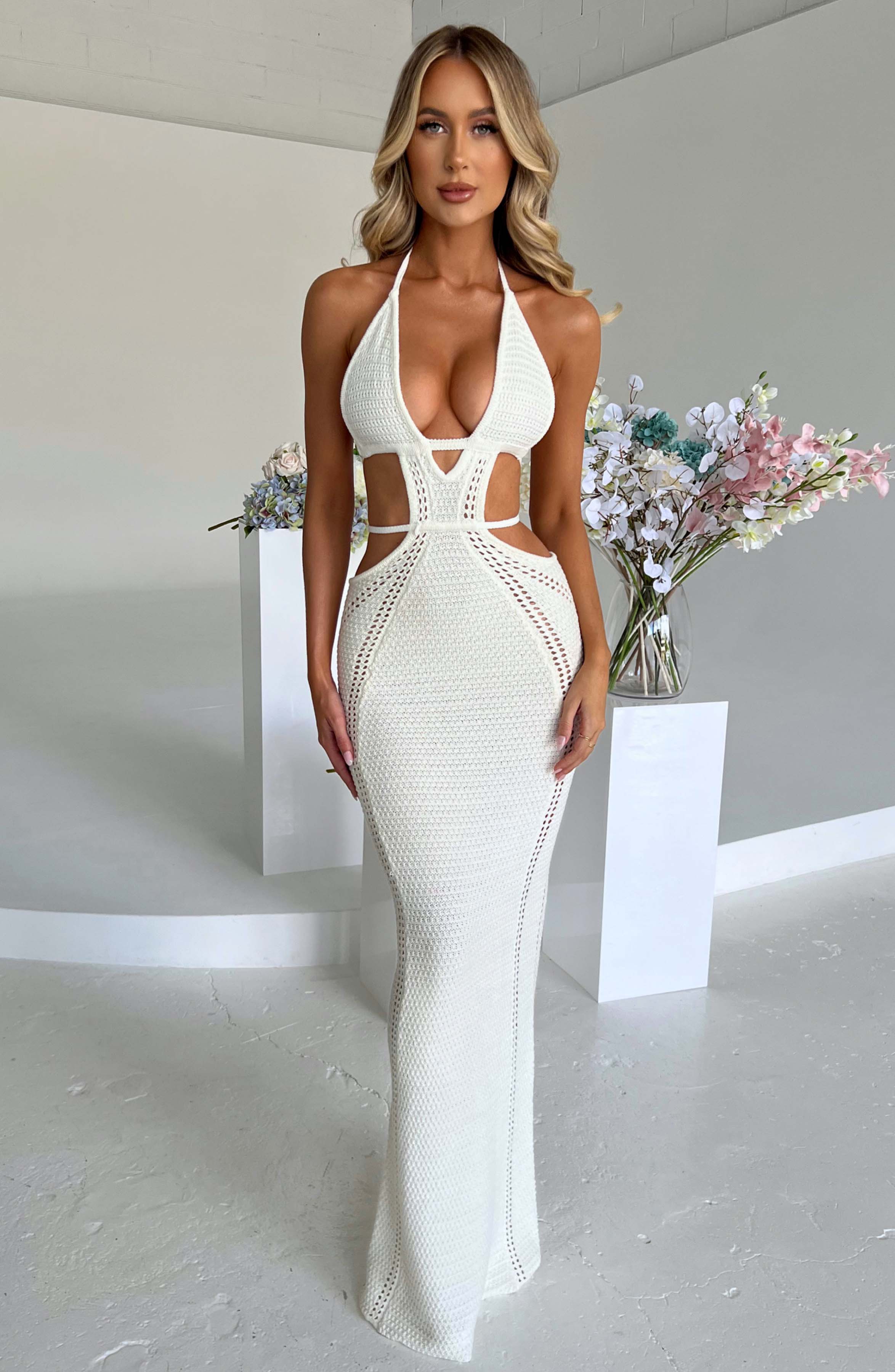 White Arabella Crochet Knit Maxi Dress - Backless with Plunge Neckline