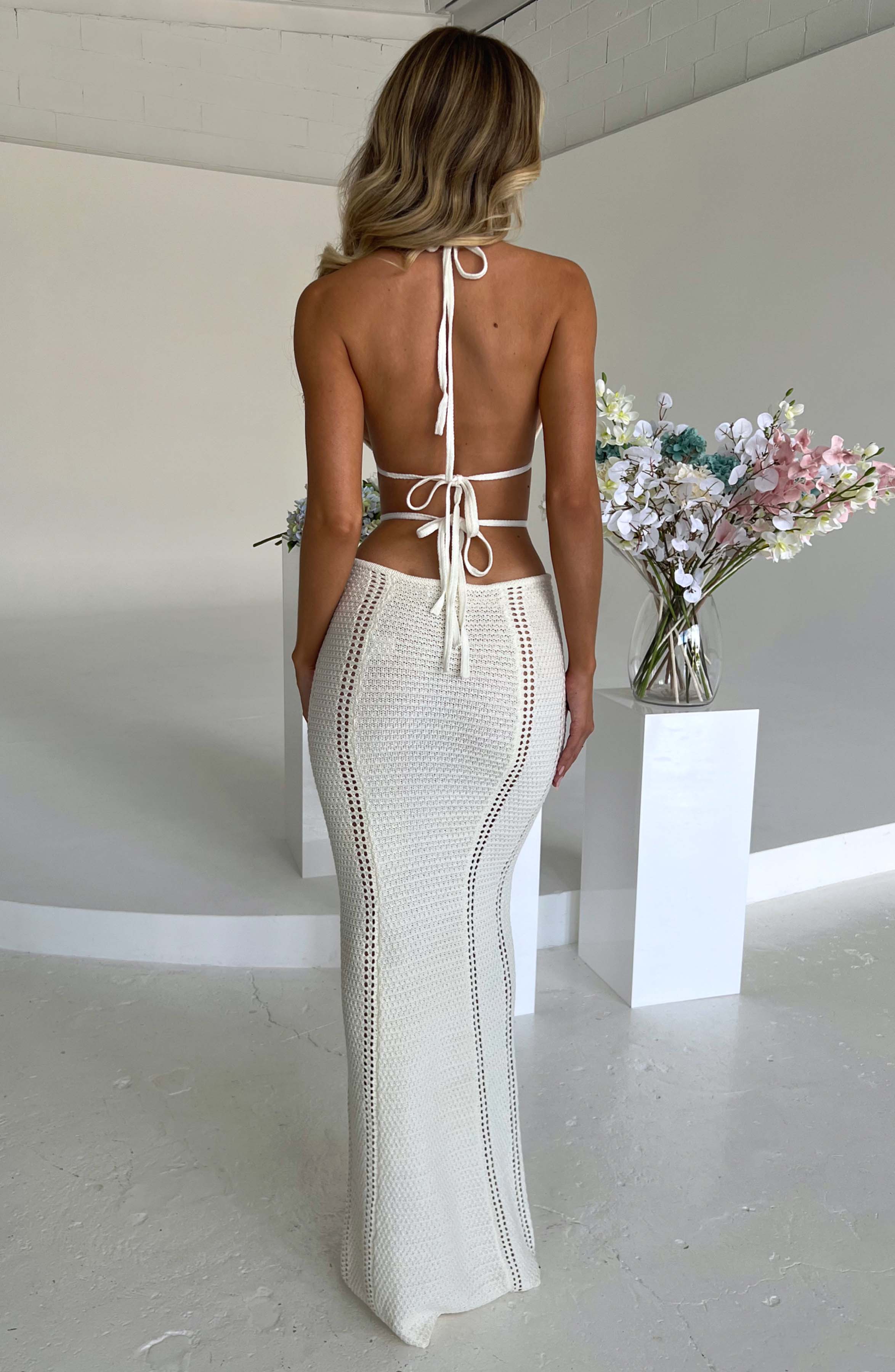 White Arabella Crochet Knit Maxi Dress - Backless with Plunge Neckline