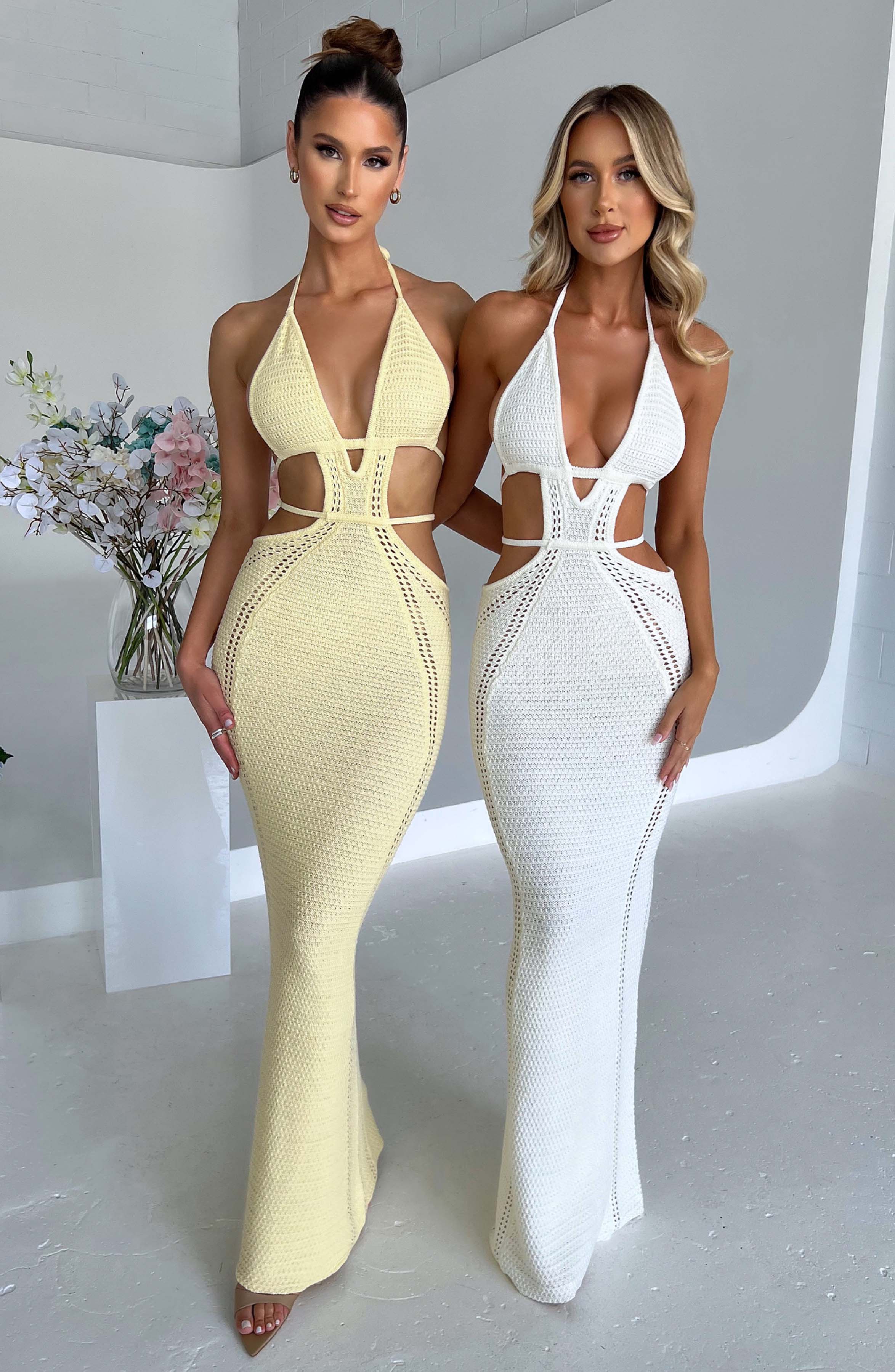 White Arabella Crochet Knit Maxi Dress - Backless with Plunge Neckline