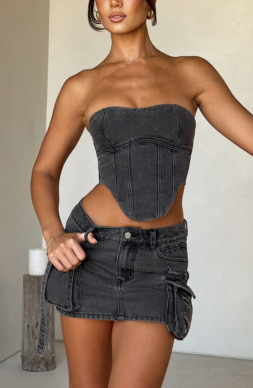 Yasie Black Denim Corset Top – Strapless Cropped Style