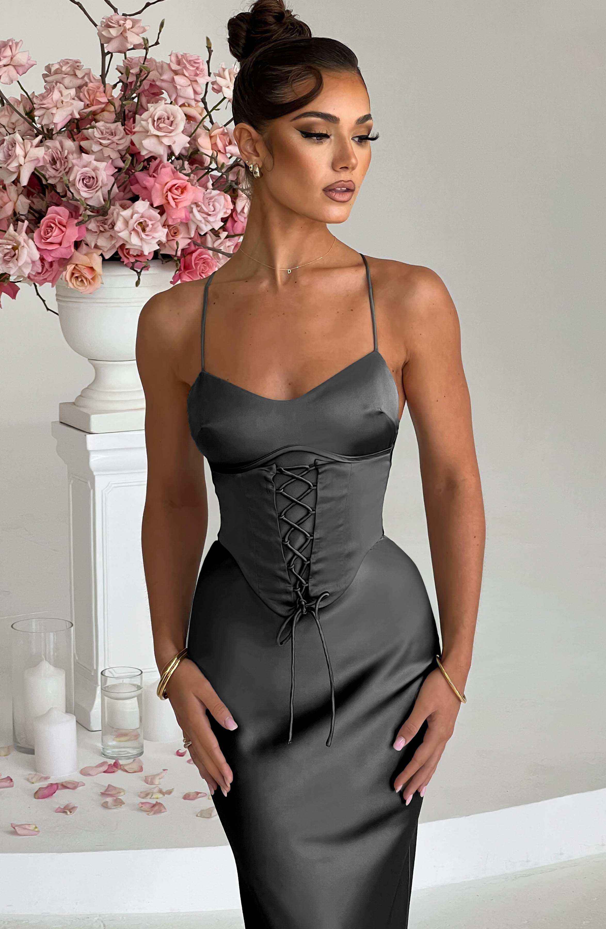 Lillia Corset Maxi Dress in Charcoal Satin with Lace-Up Detail