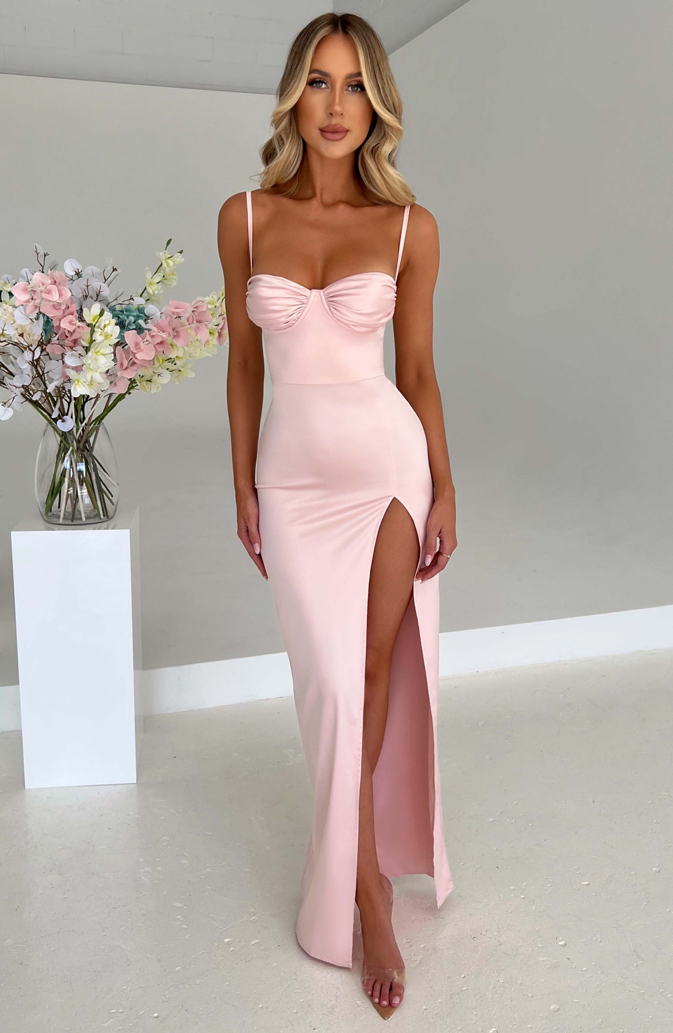 Alora Blush Satin Maxi Dress with Thigh Split & Underwire