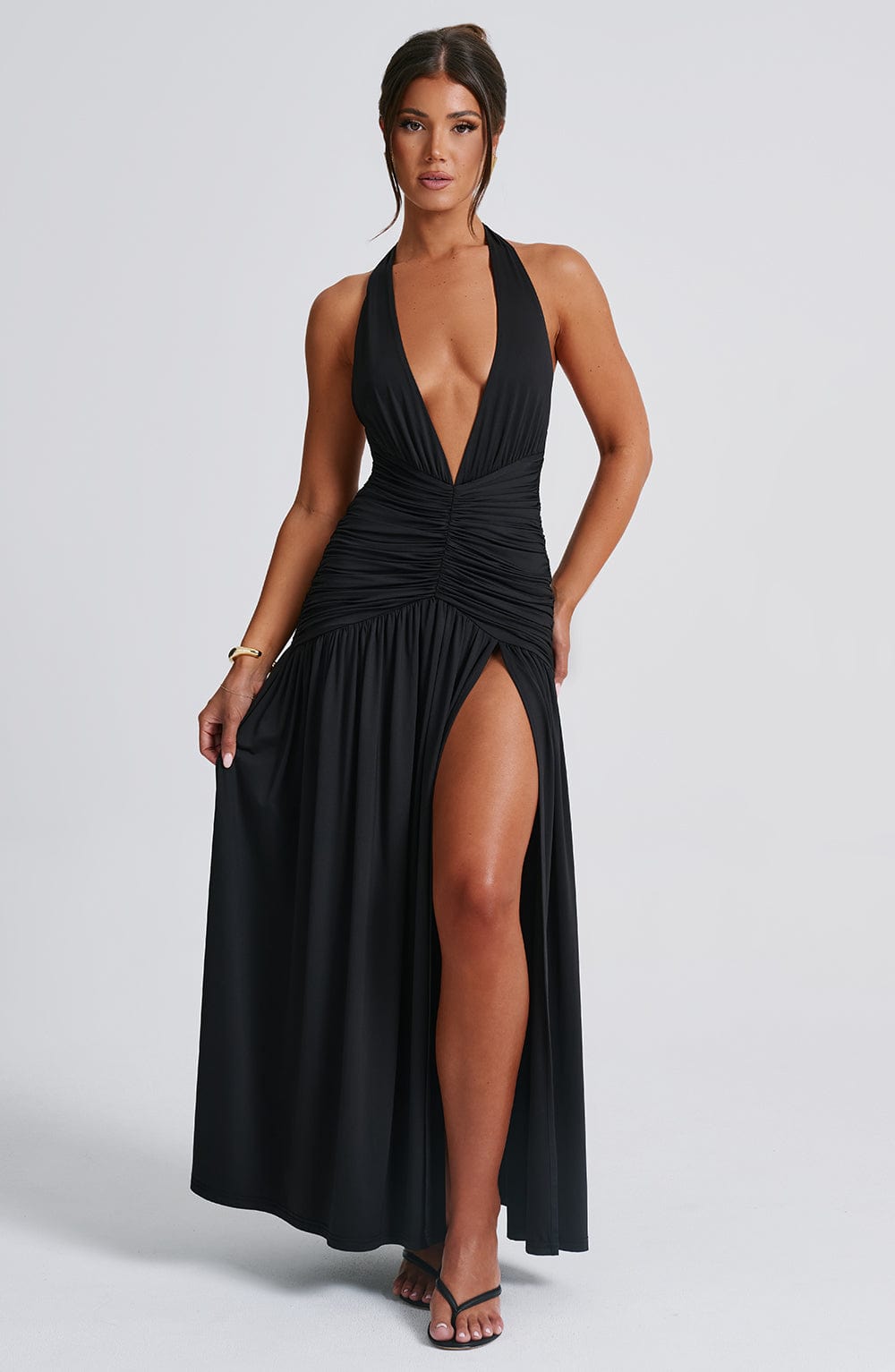 Melania Black Halter Neck Maxi Dress with Thigh Split
