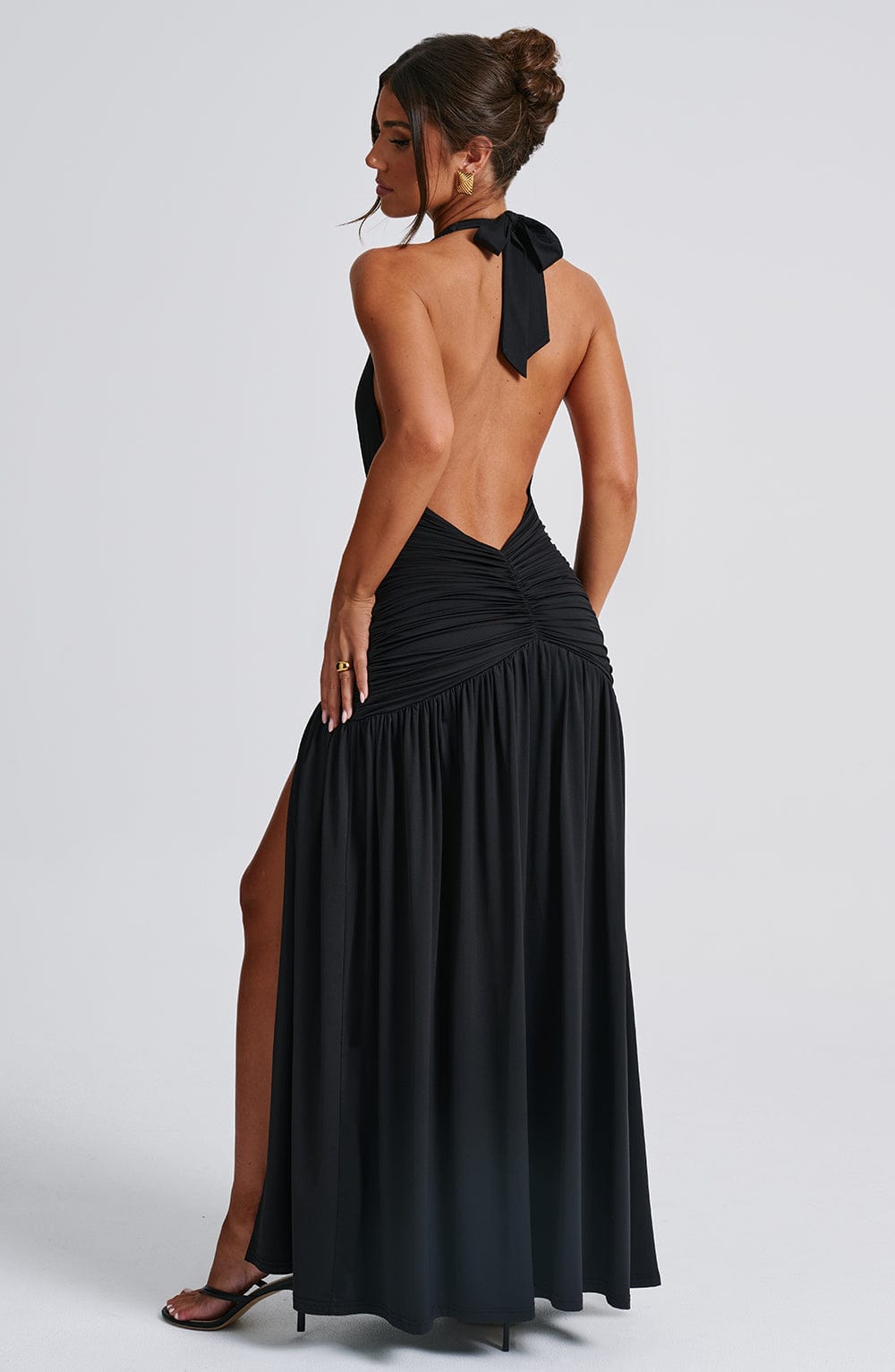 Melania Black Halter Neck Maxi Dress with Thigh Split