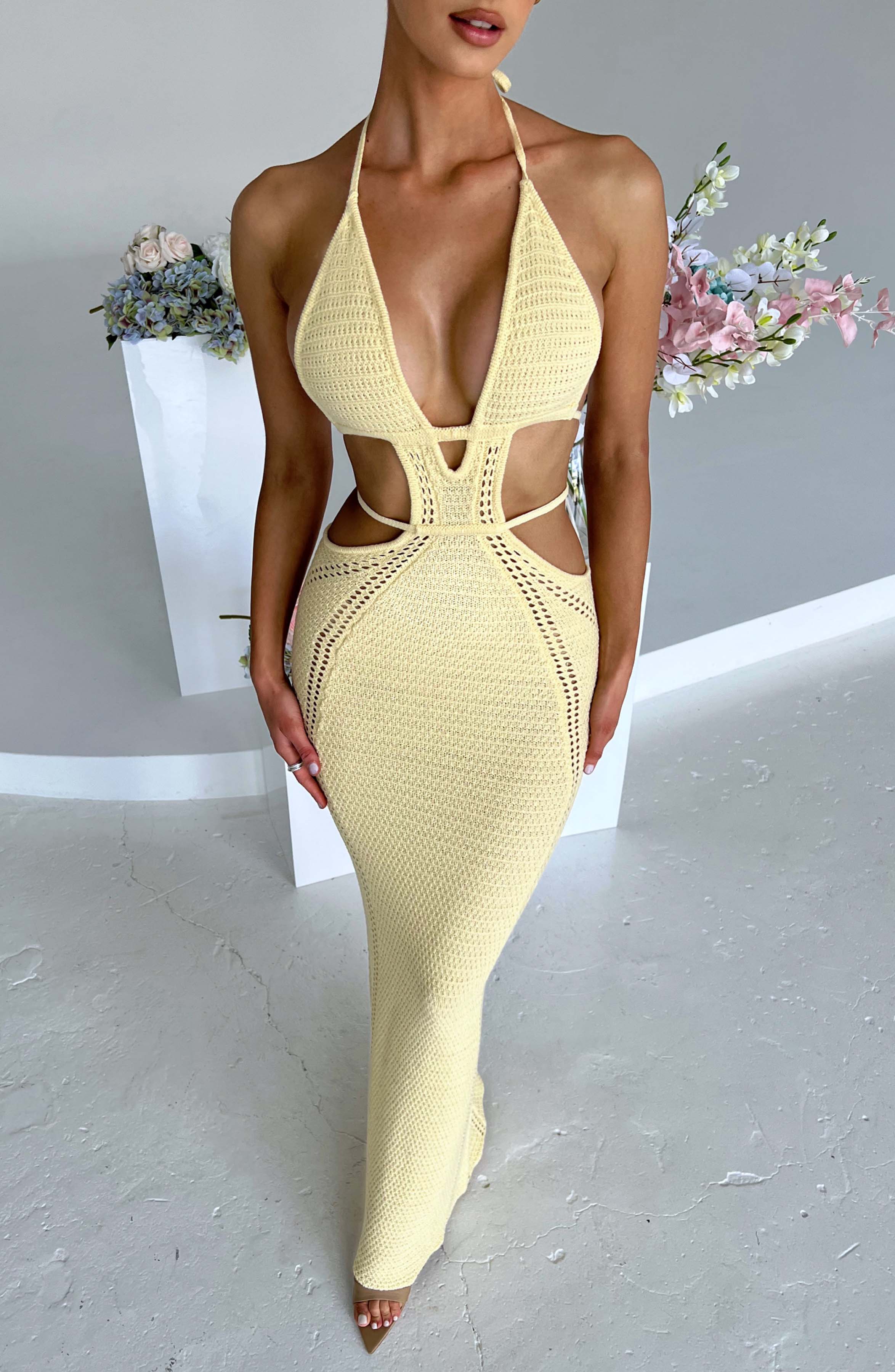 Lemon Crochet Knit Maxi Dress - Backless Plunge Neckline