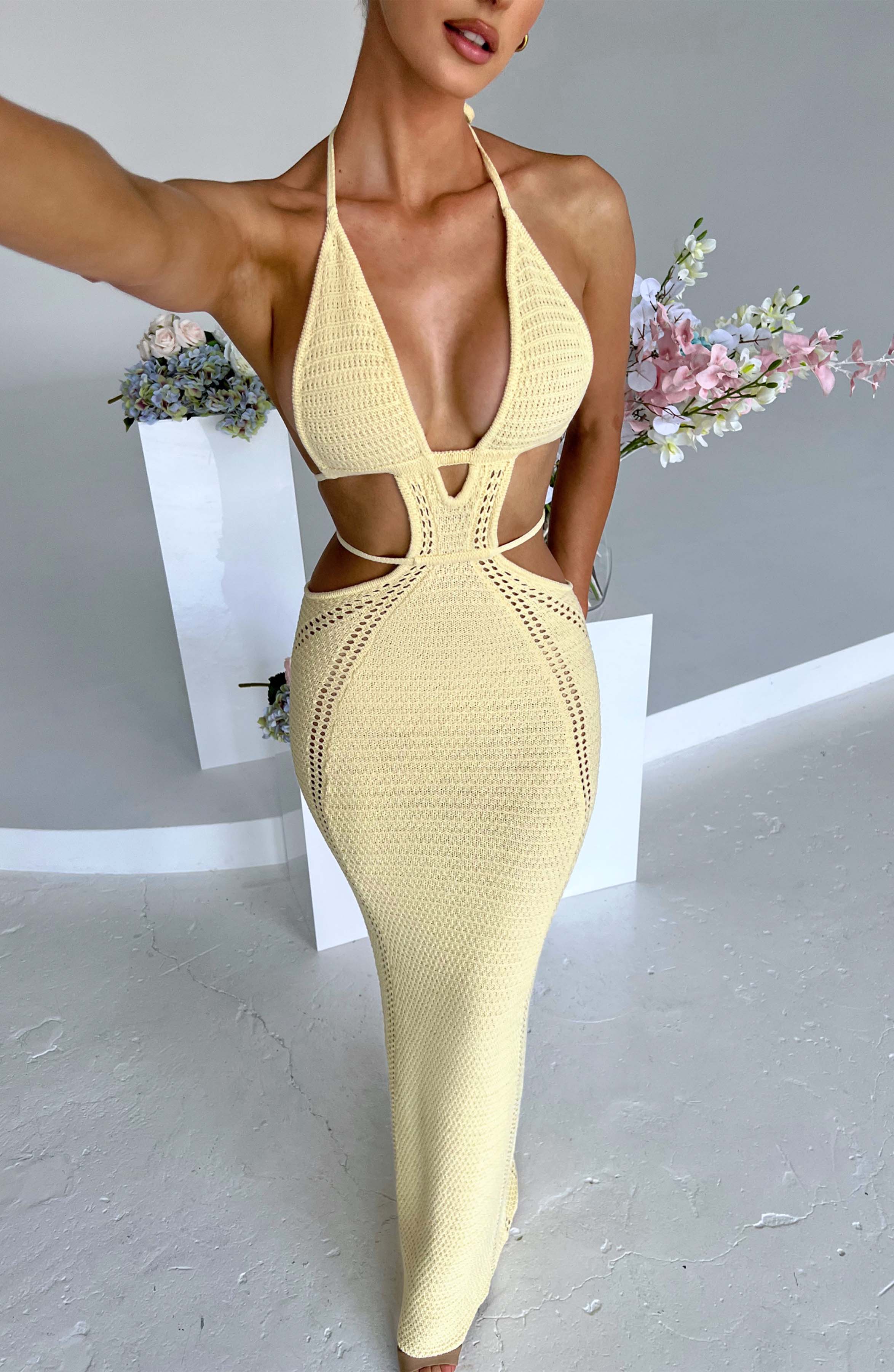 Lemon Crochet Knit Maxi Dress - Backless Plunge Neckline