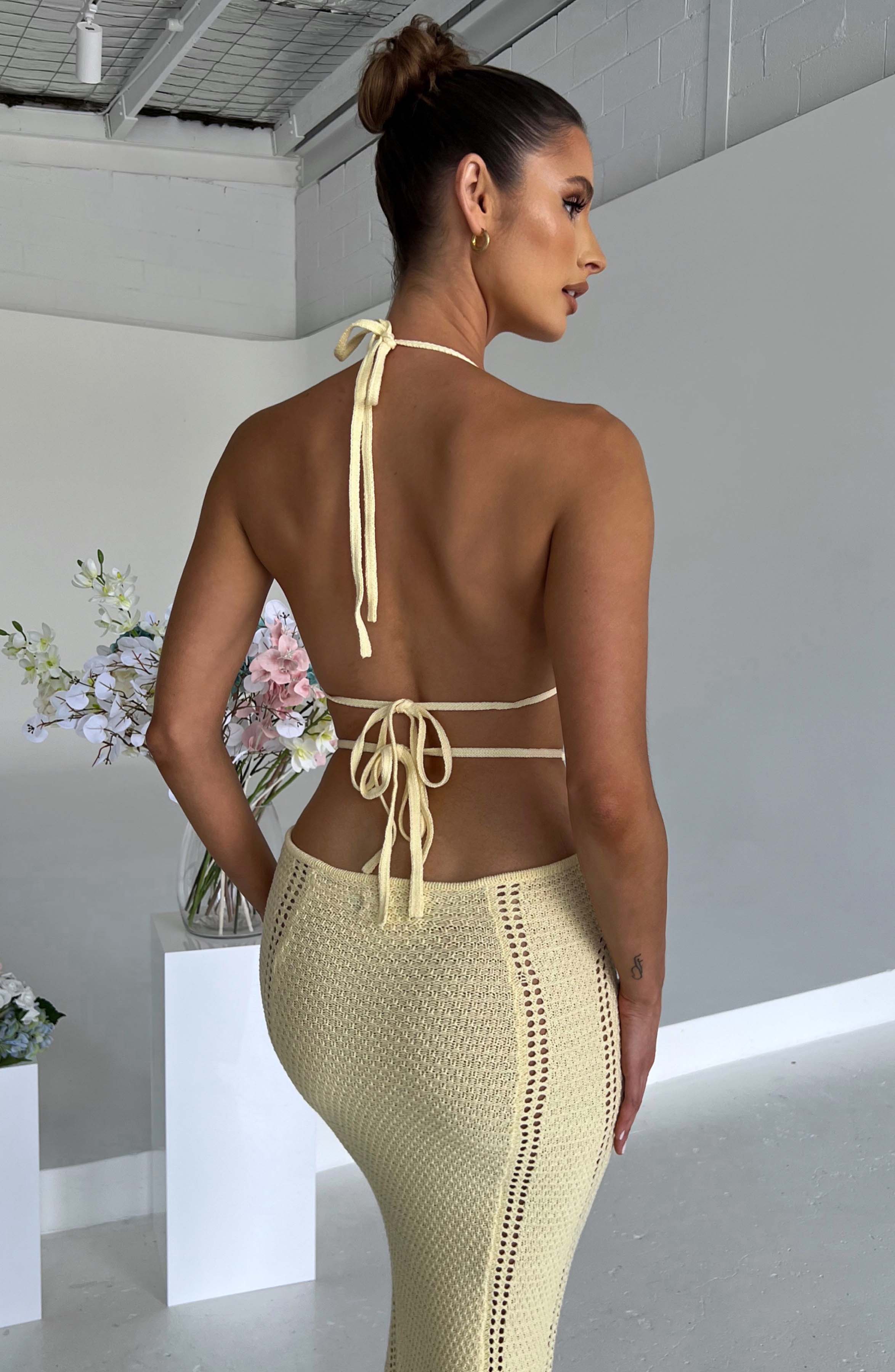 Lemon Crochet Knit Maxi Dress - Backless Plunge Neckline