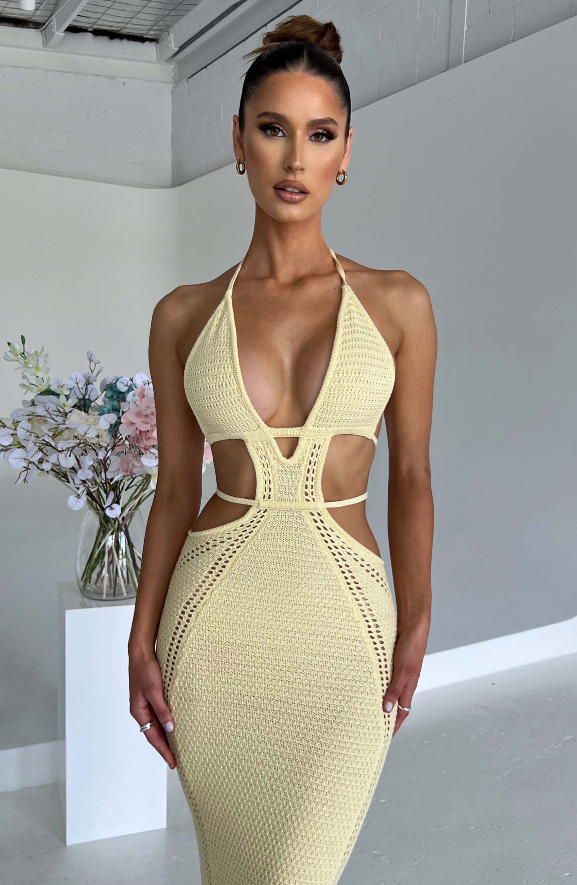 Lemon Crochet Knit Maxi Dress - Backless Plunge Neckline