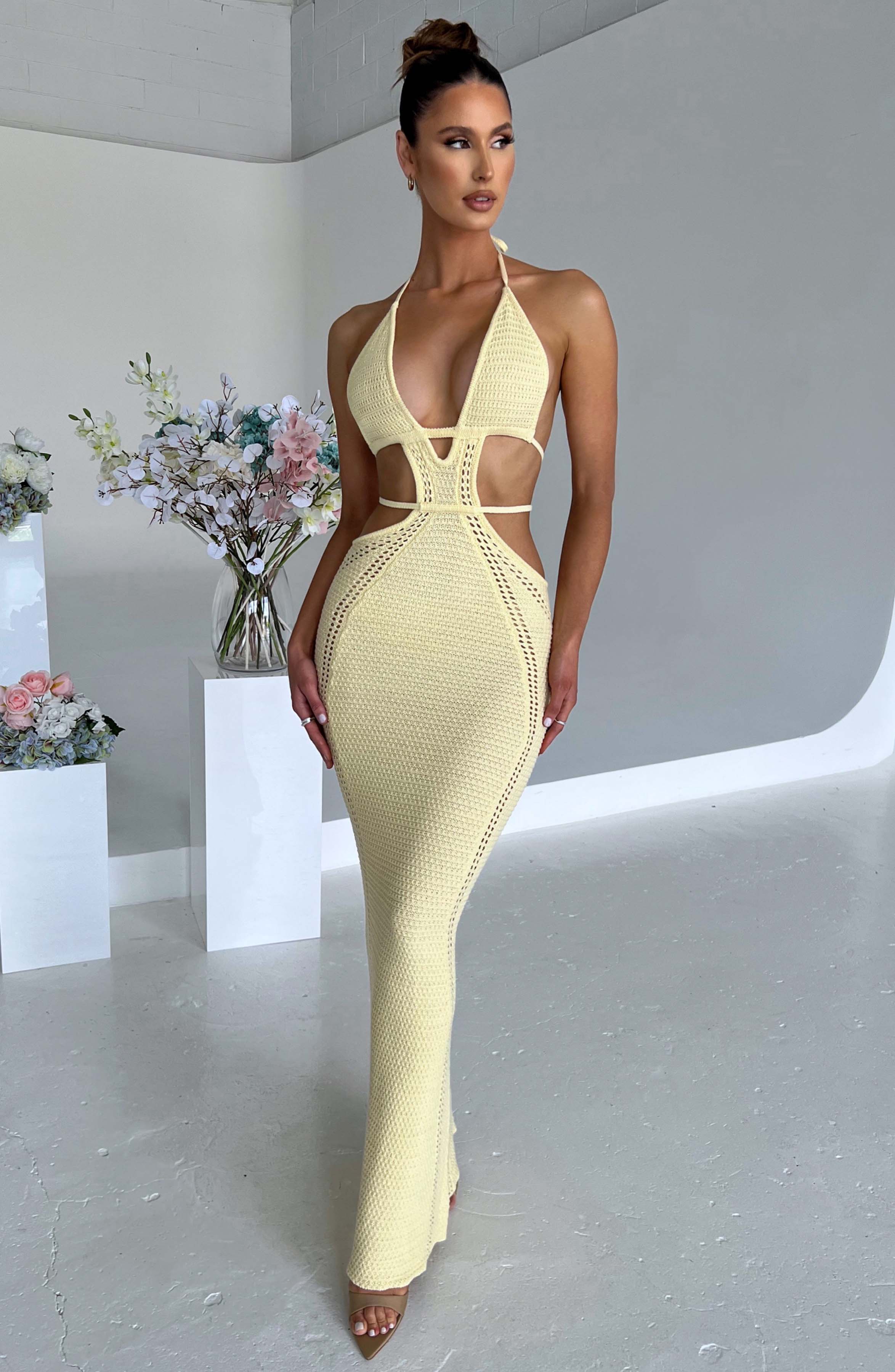 Lemon Crochet Knit Maxi Dress - Backless Plunge Neckline