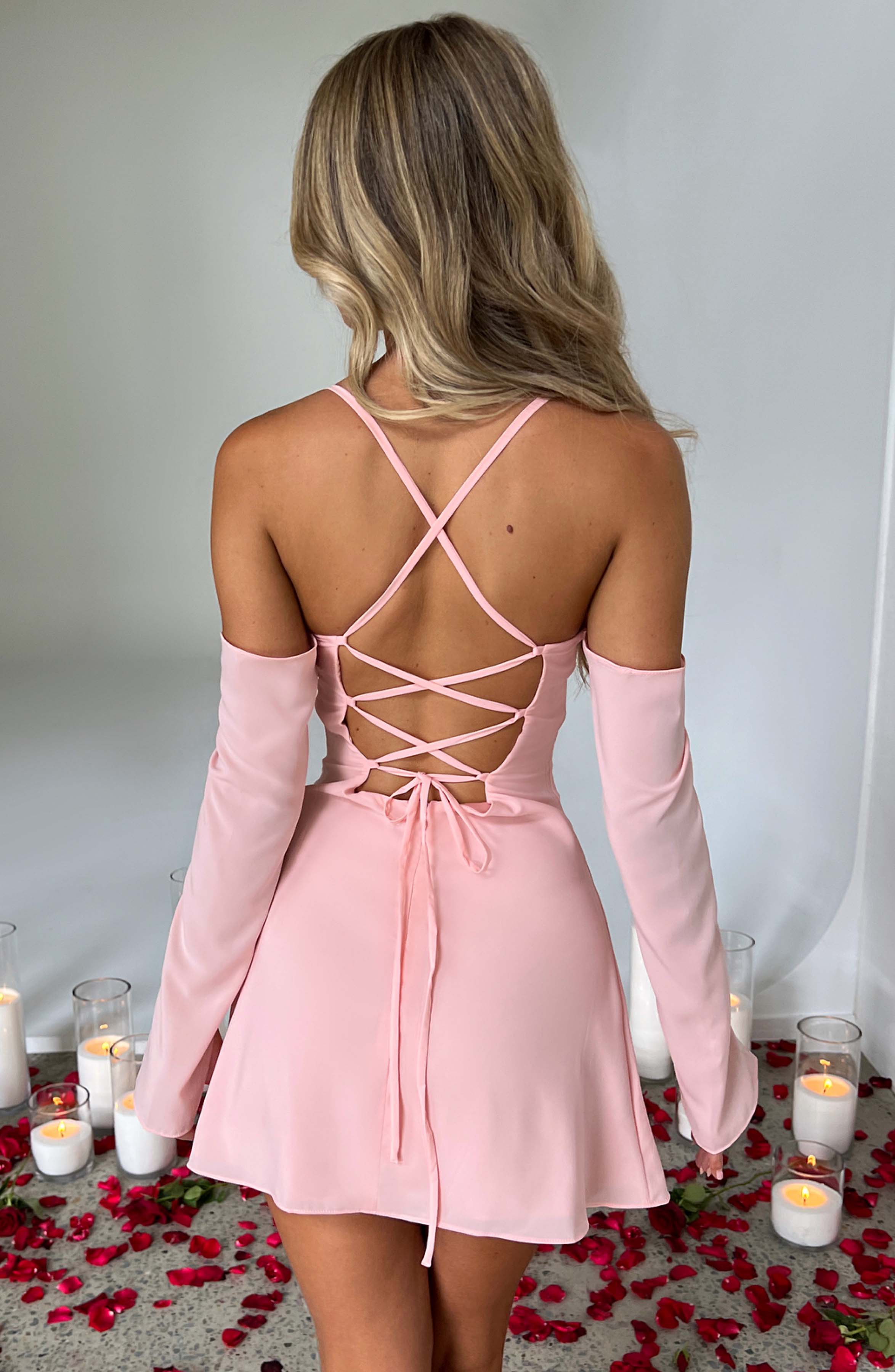 Blush Fiona Mini Dress - Flowy Satin with Lace Up Back