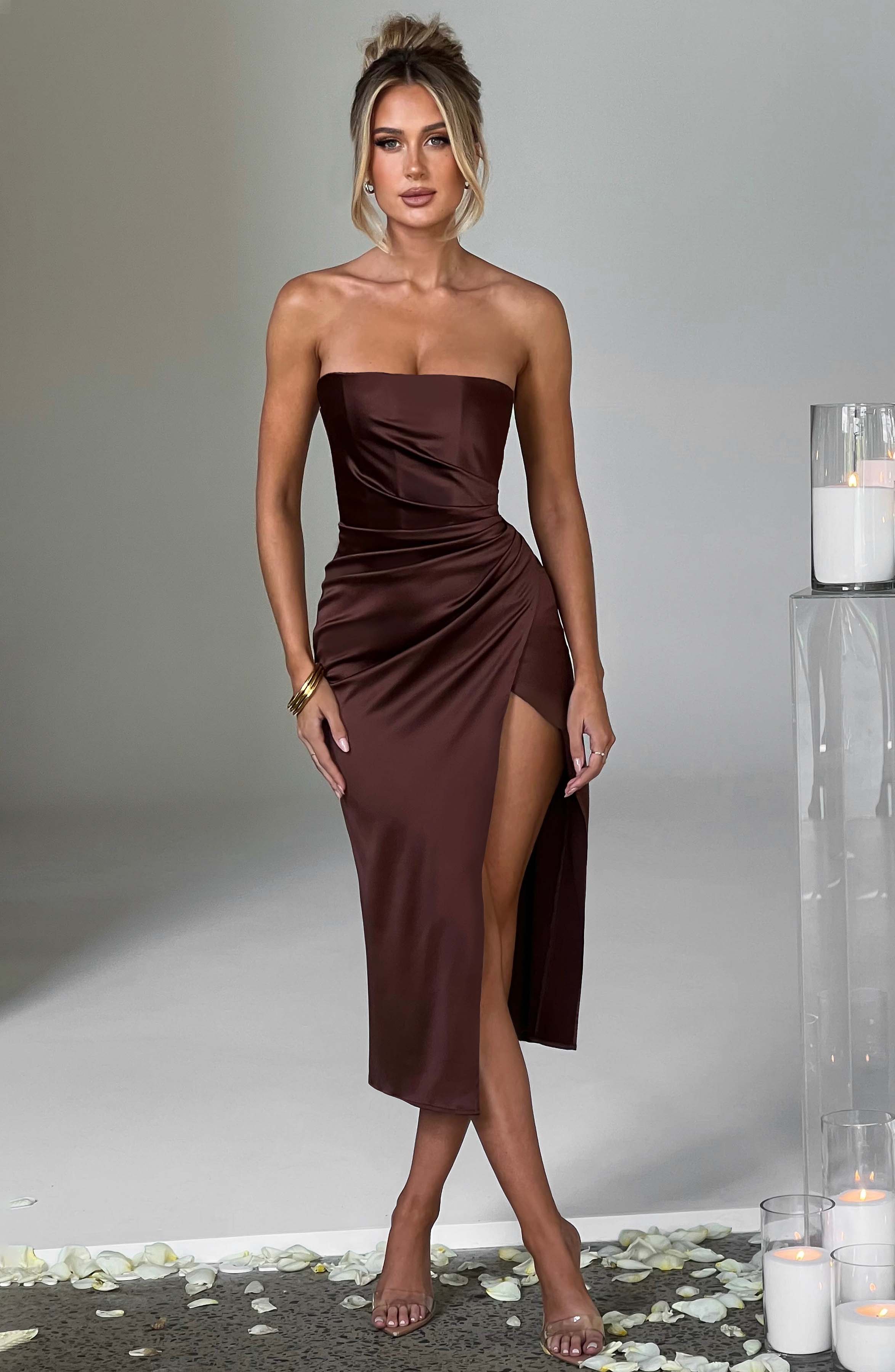 Inez Strapless Satin Midi Dress with Corset - Chocolate