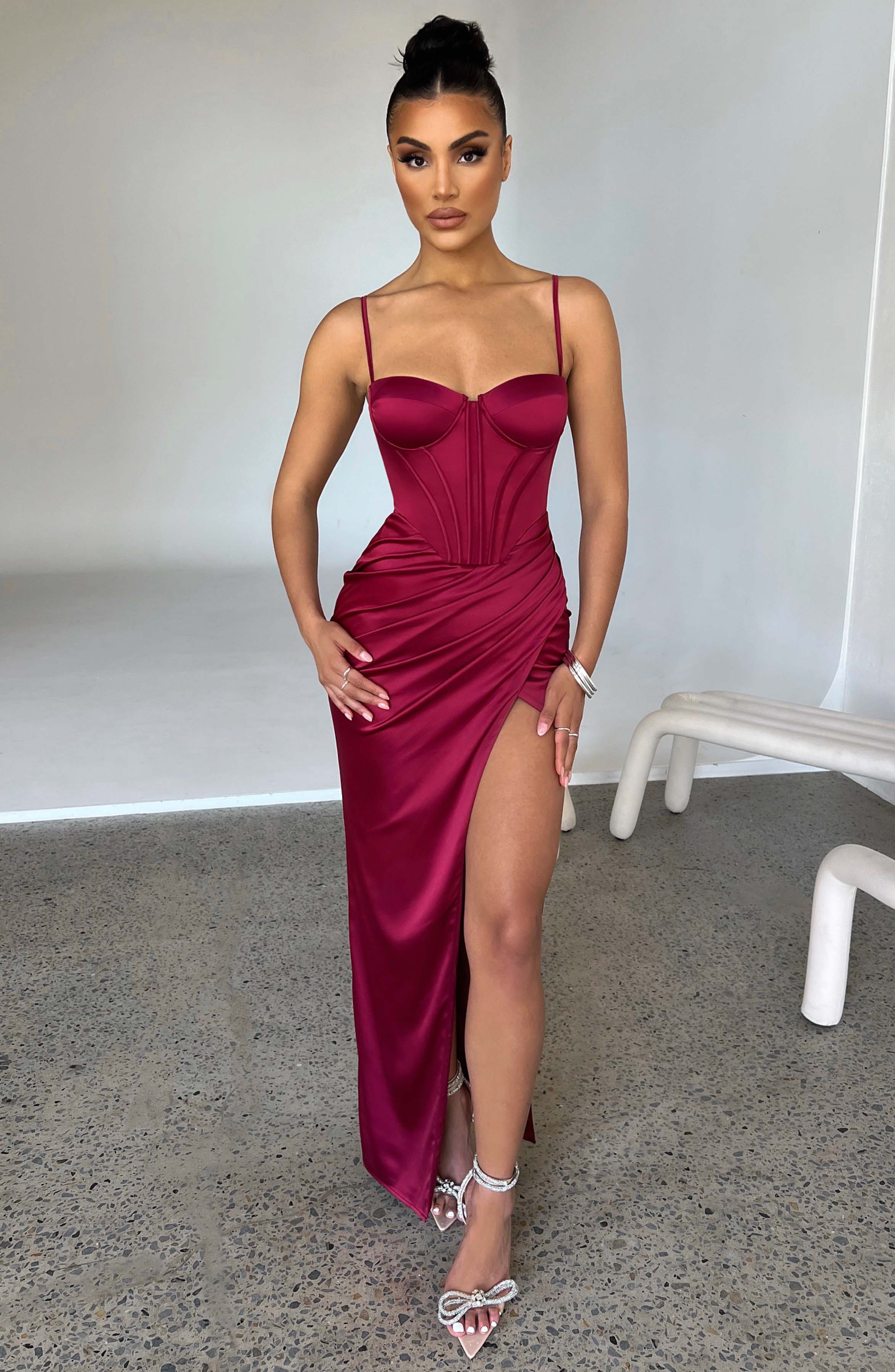 Despina Corset Waist Maxi Dress in Wine - Satin Formal Gown