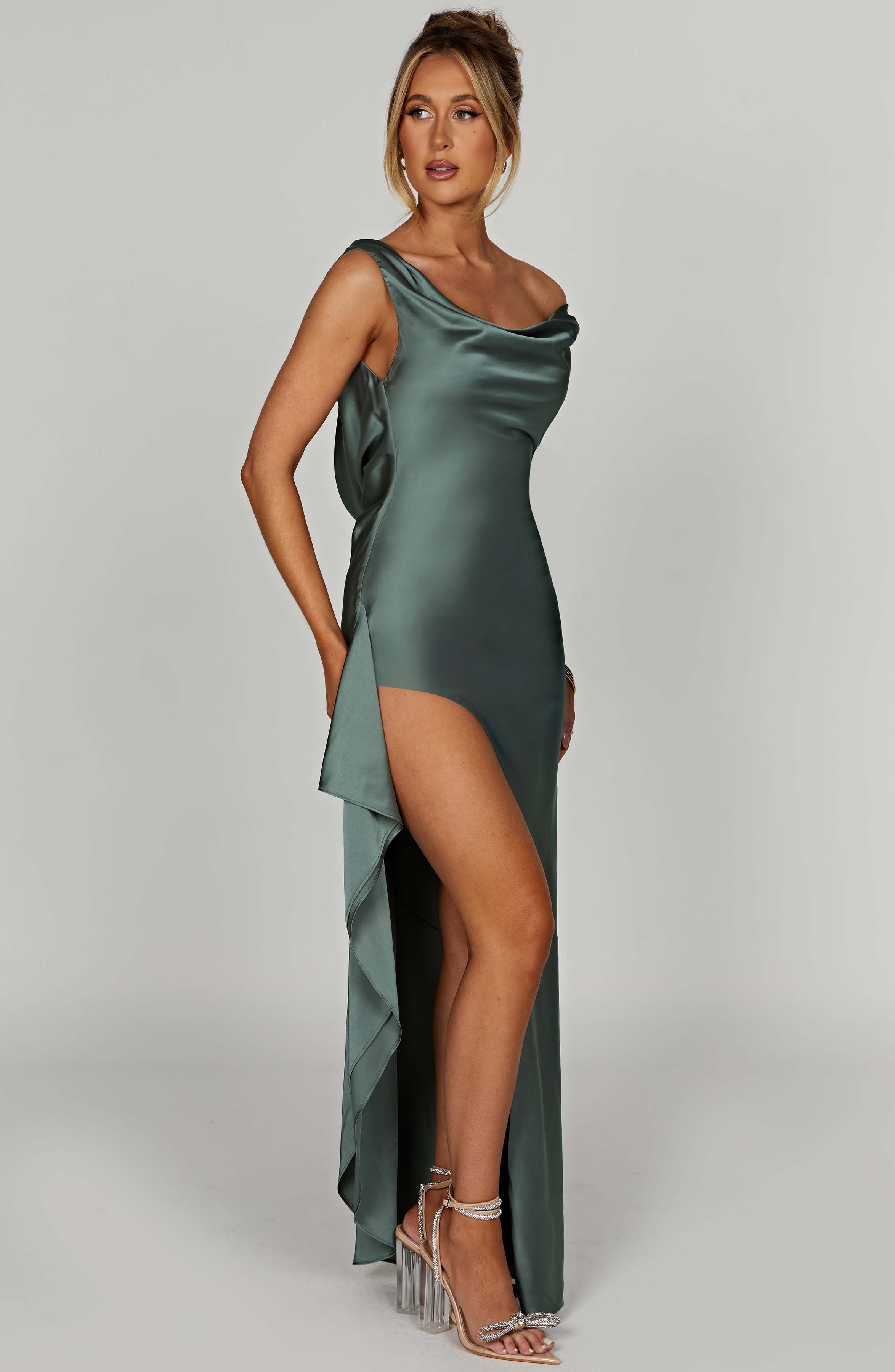 Sage Off Shoulder Marilyn Maxi Dress with Thigh Split