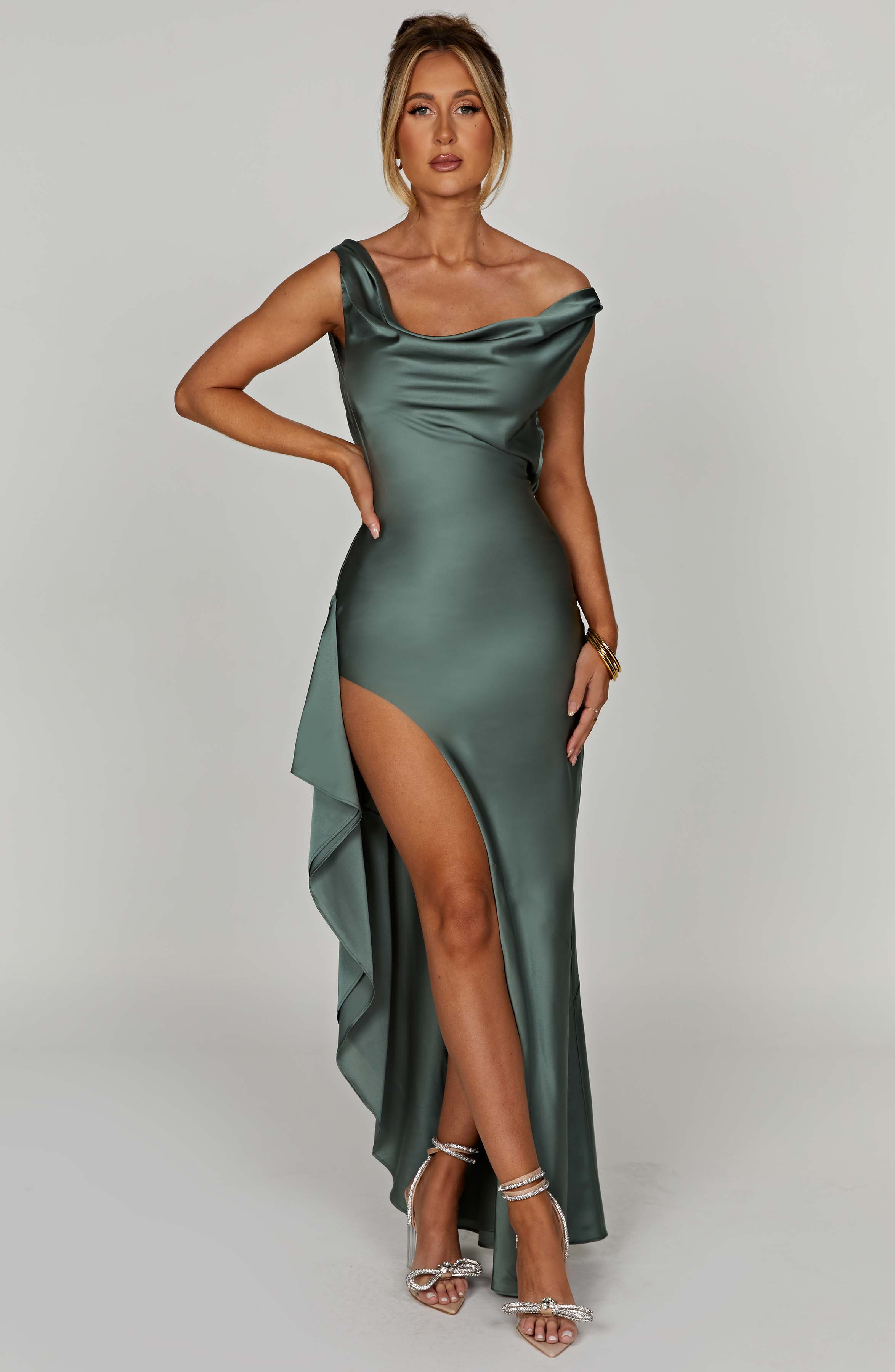 Sage Off Shoulder Marilyn Maxi Dress with Thigh Split