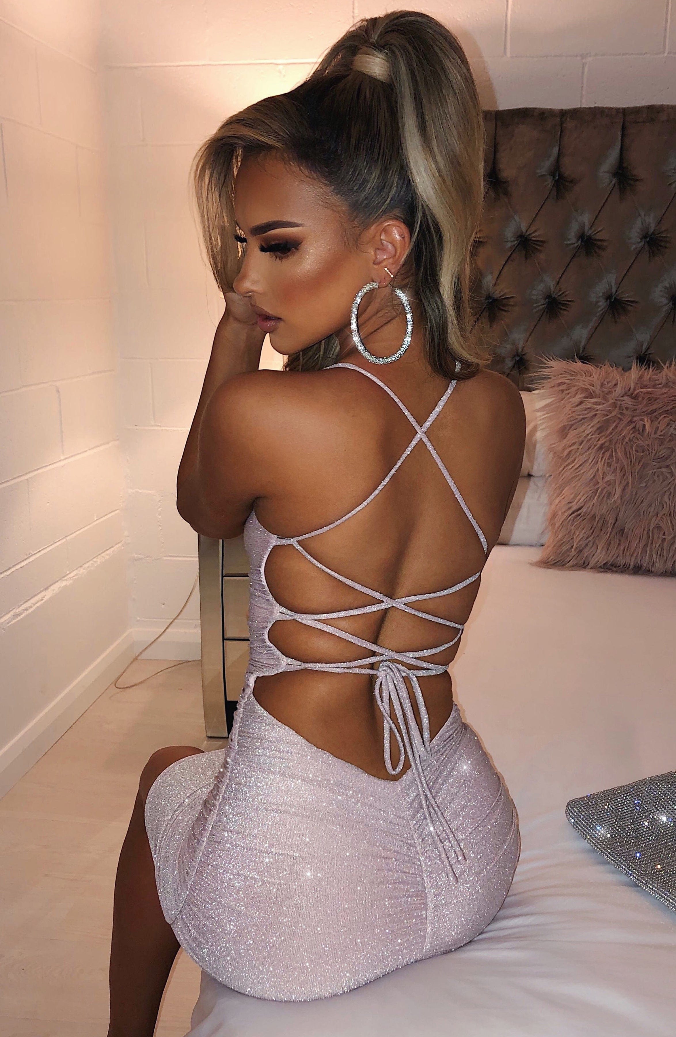 Pink Sparkle Tati Mini Dress - Criss Cross Back, Low V Neck