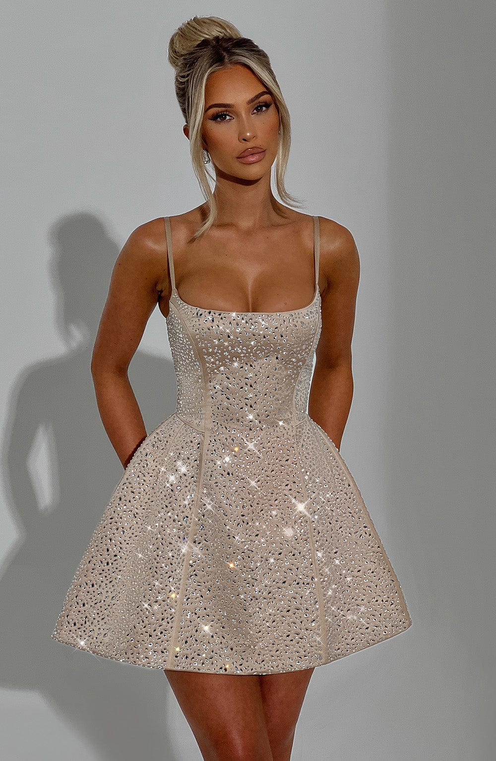 Champagne Satin Rhinestone Mini Dress with Lace Up Back