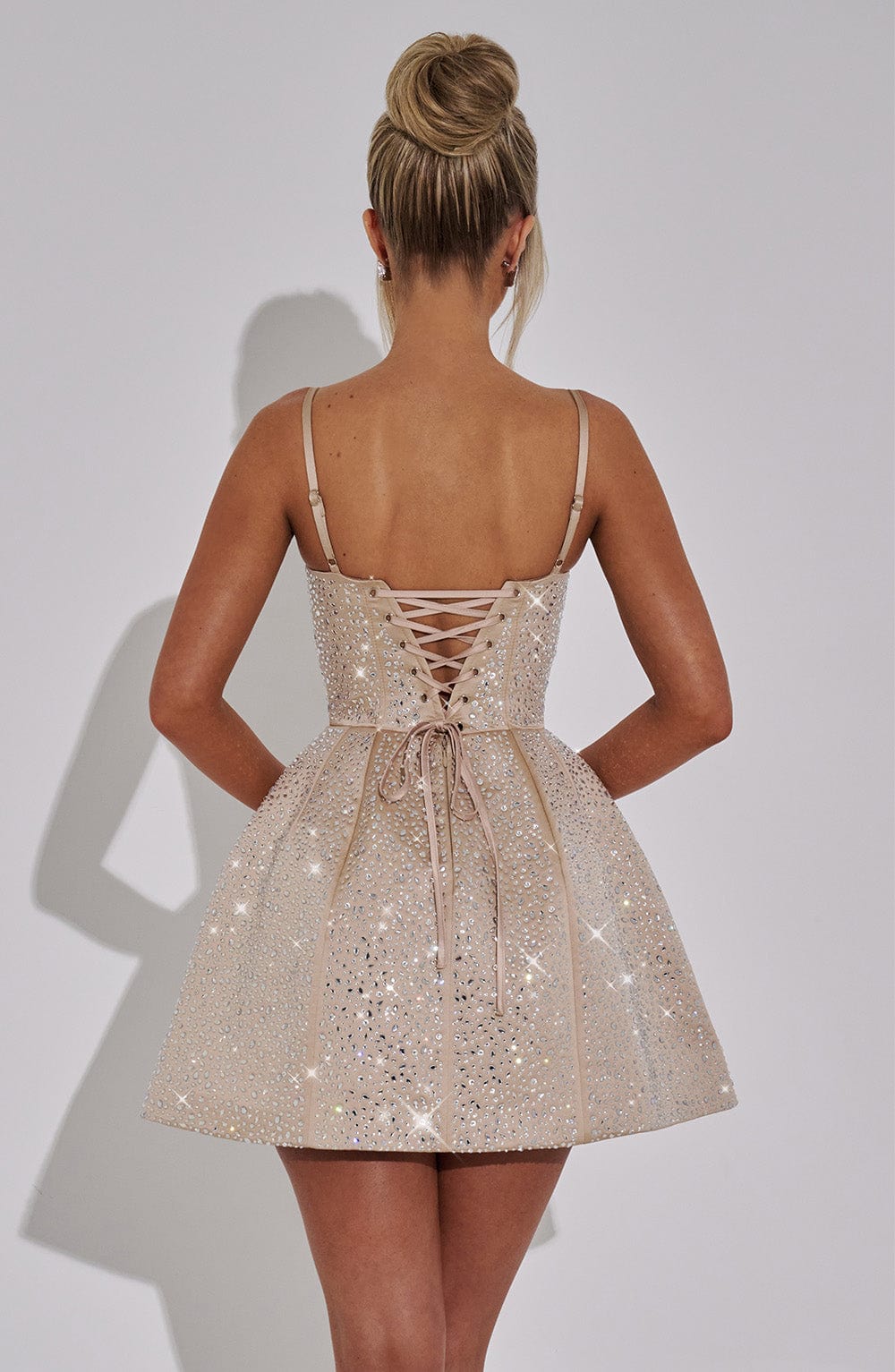 Champagne Satin Rhinestone Mini Dress with Lace Up Back
