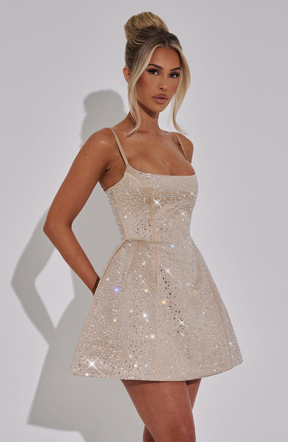Champagne Satin Rhinestone Mini Dress with Lace Up Back