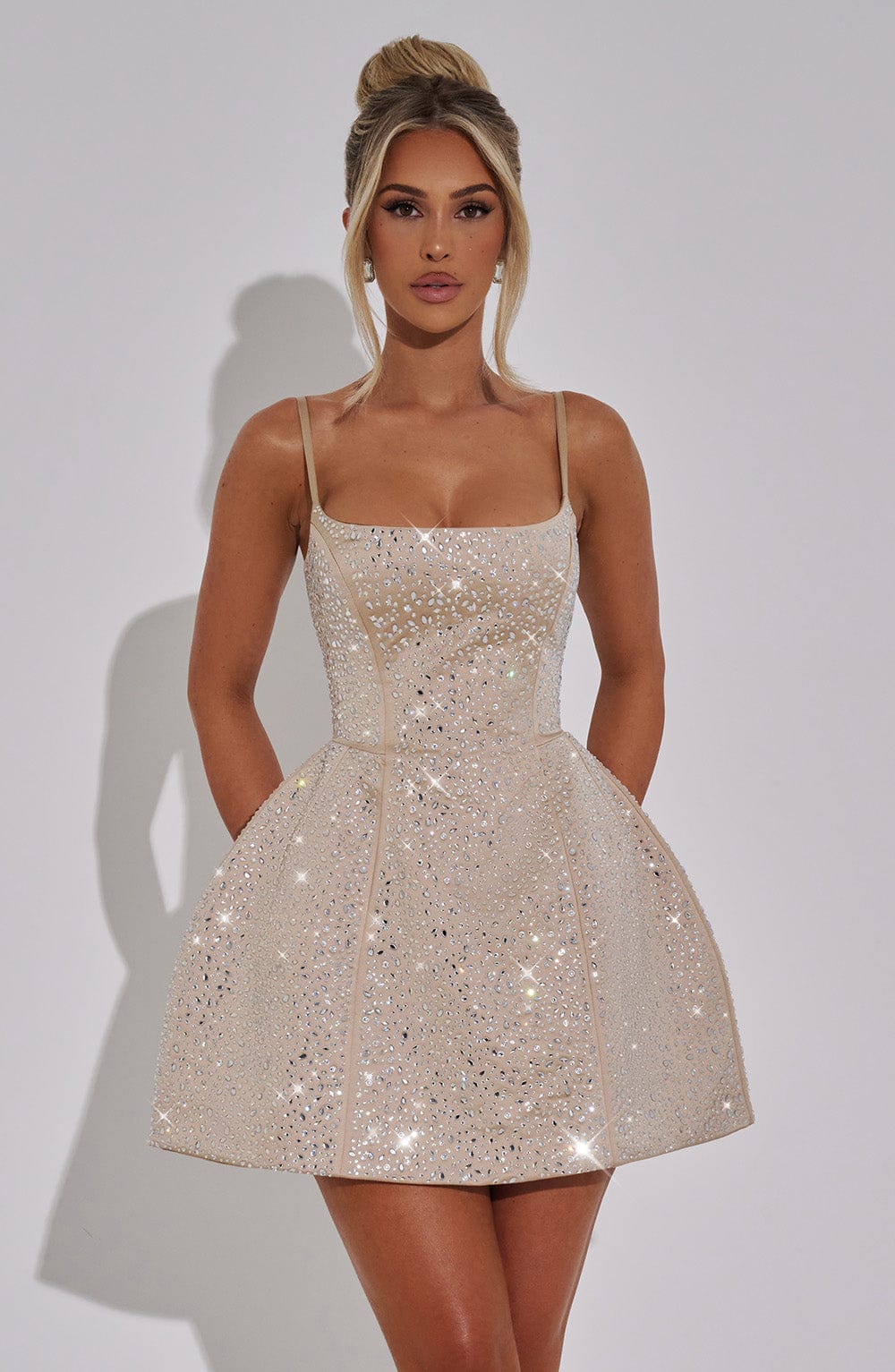 Champagne Satin Rhinestone Mini Dress with Lace Up Back