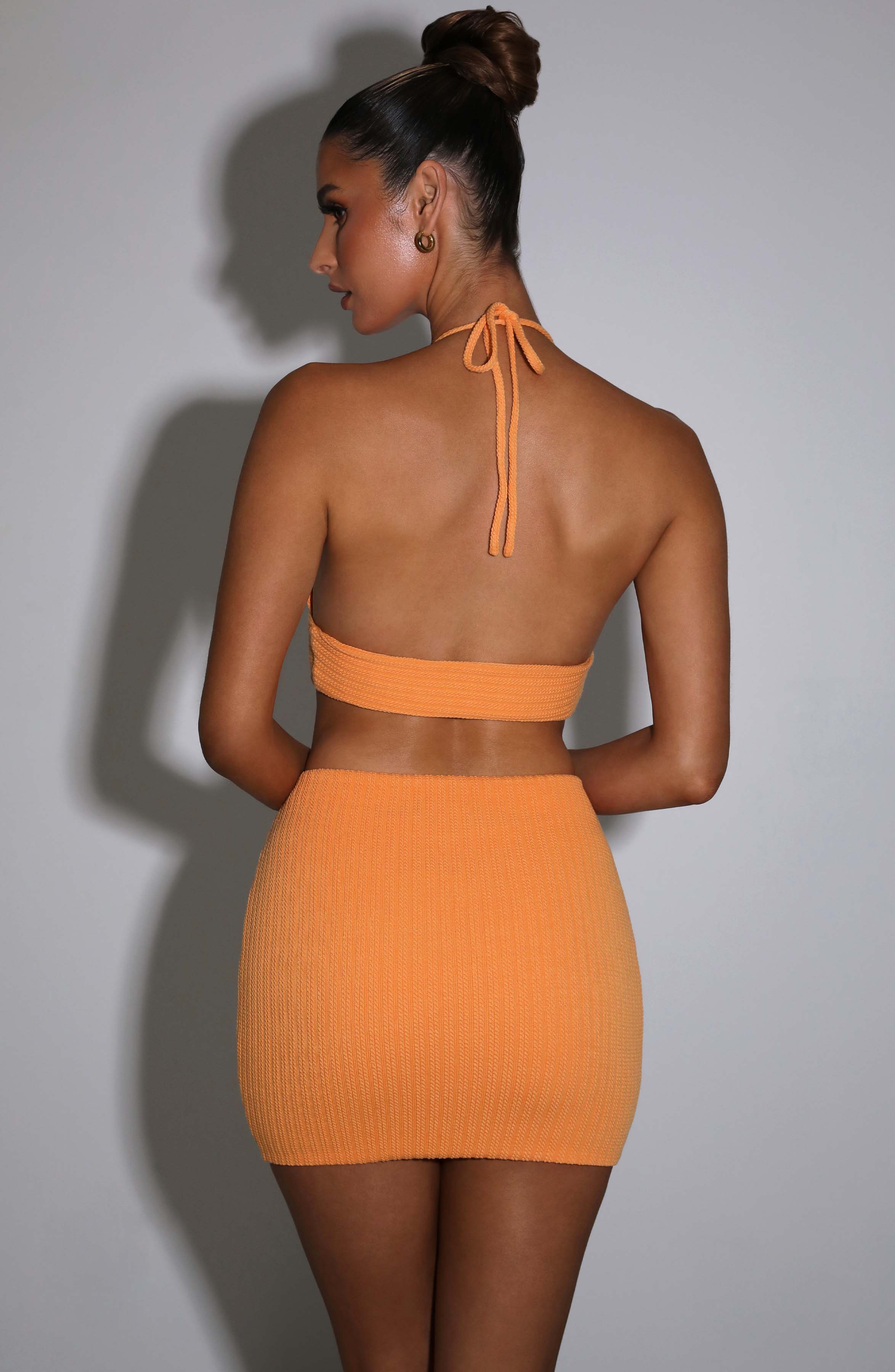 Irene Tangerine Mini Skirt - Ruched V Waist with Bead Detail
