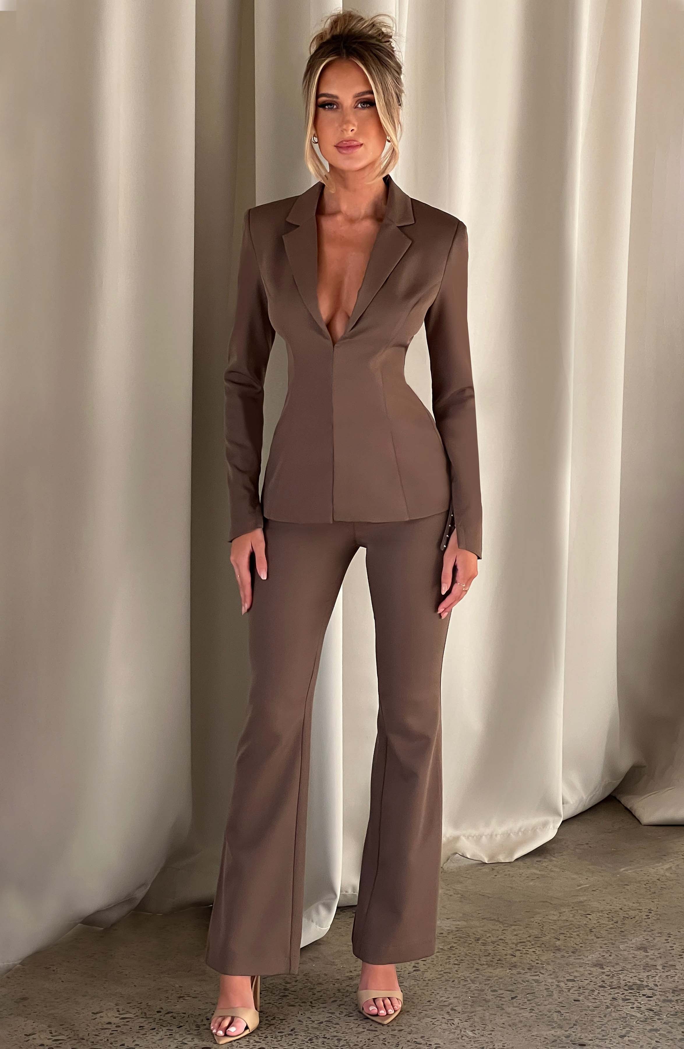 Aspen High Waisted Flared Pants in Mocha - Premium Stretch Bengaline