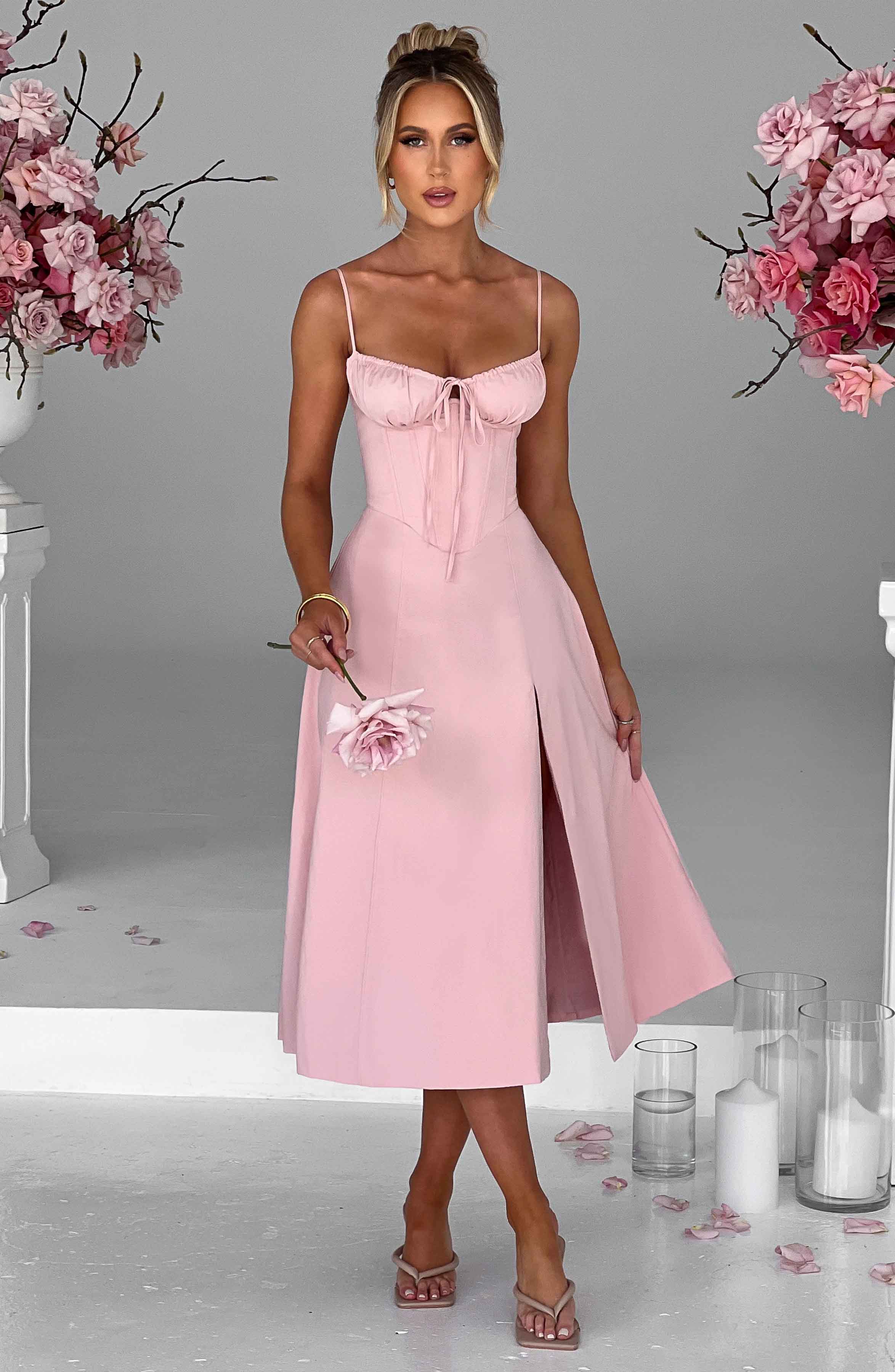 Deanna Blush Corset Midi Dress with Thigh Split