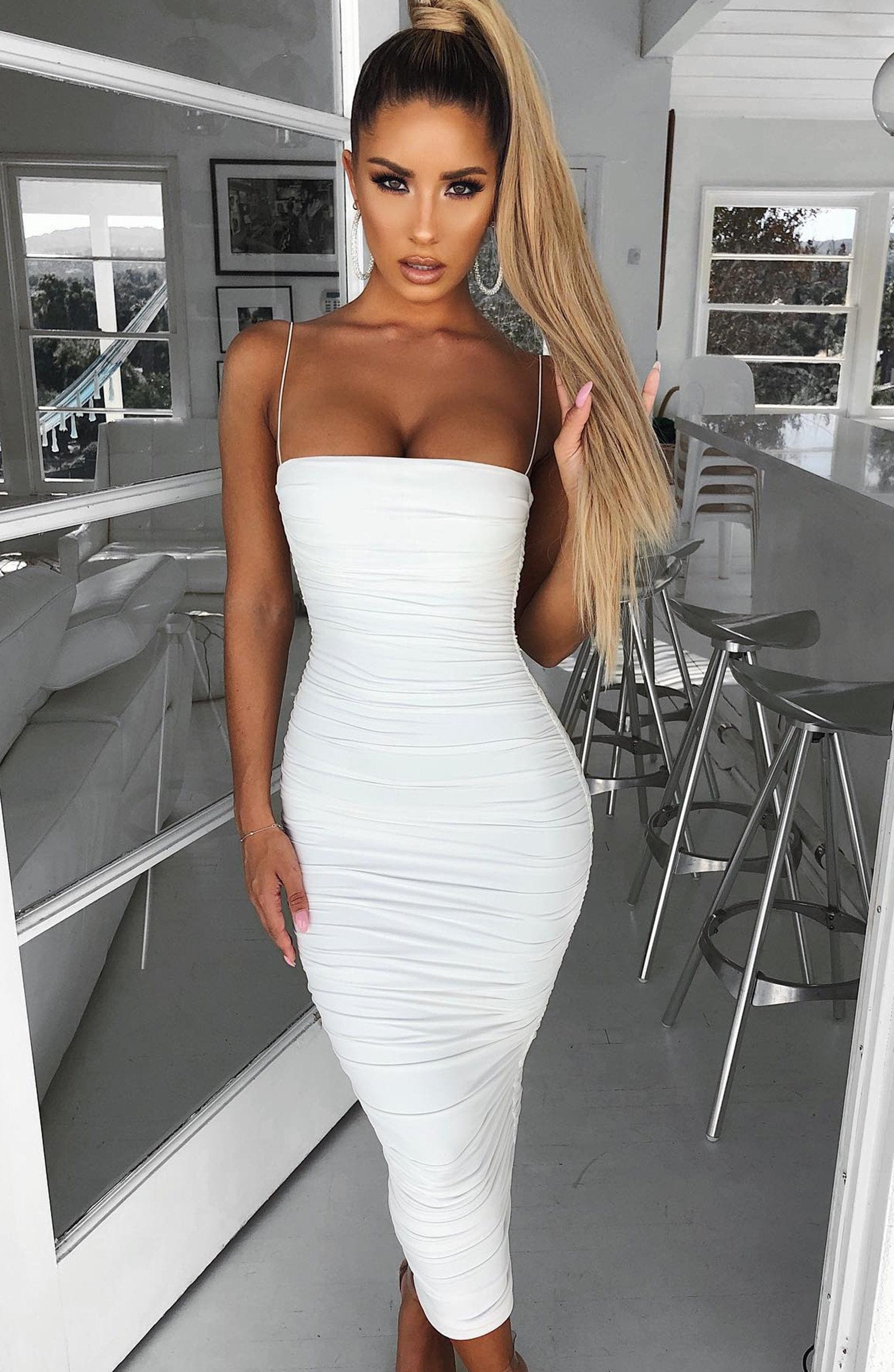 Haven White Maxi Dress - Stretchy Ruched Side Seams & Back Zipper