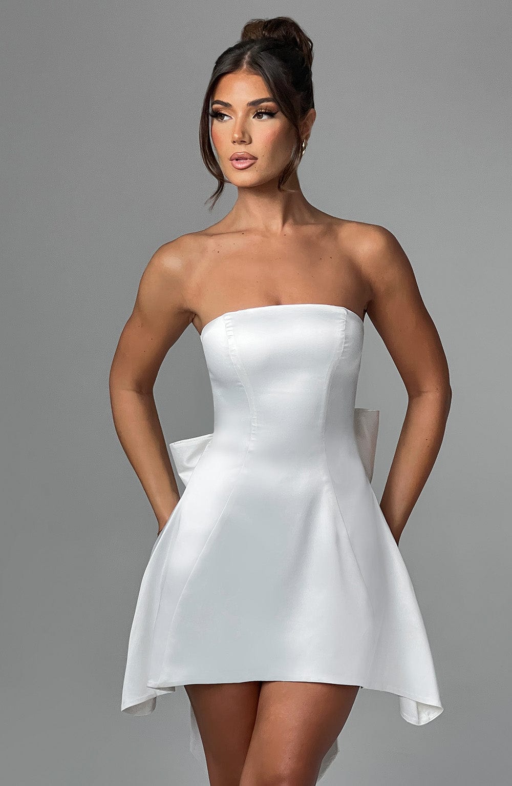 Freja Ivory Strapless Satin Mini Dress with Corset & Bow