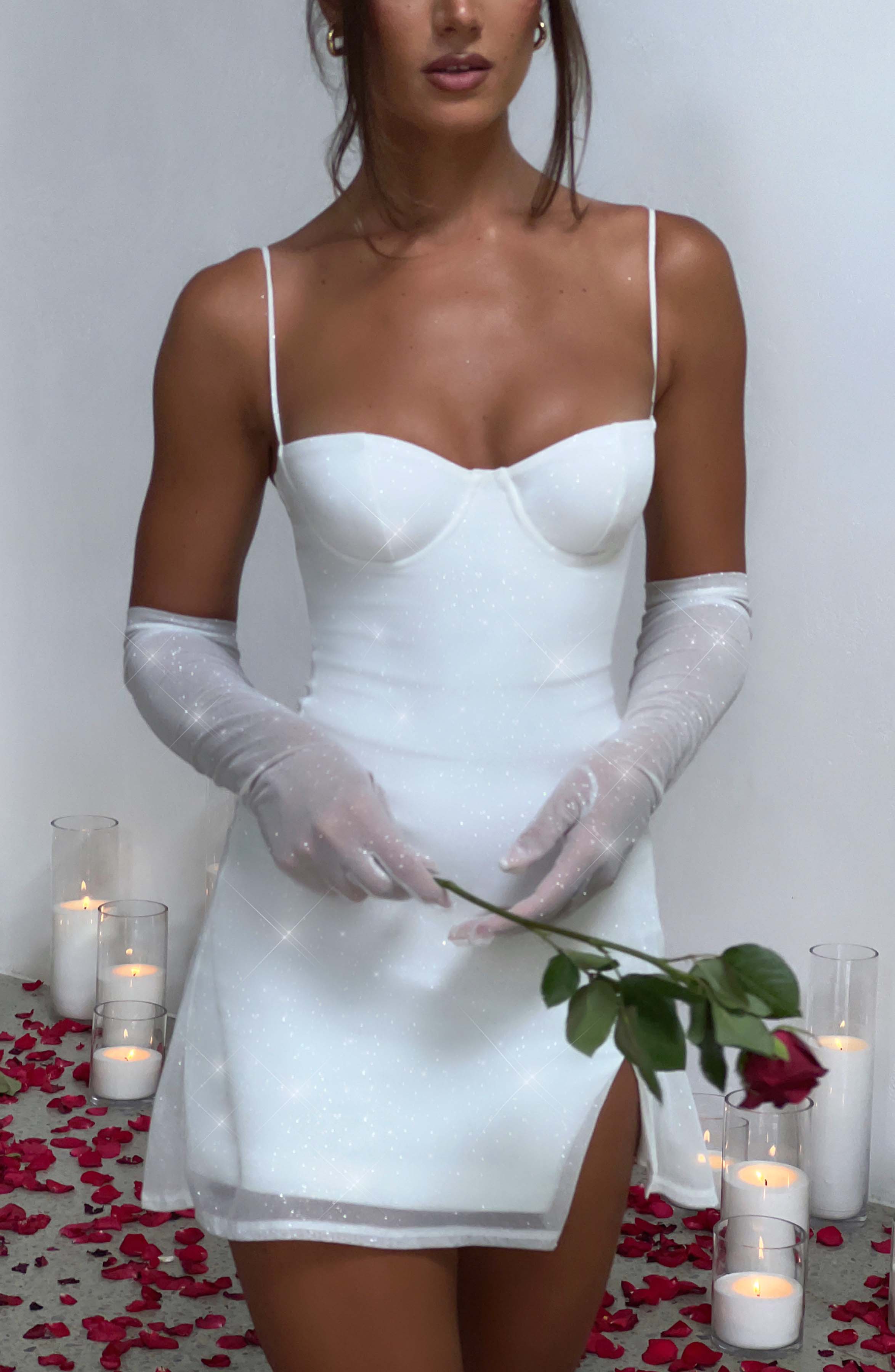 Ivory Sparkle Elbow Length Gloves - Stretch Mesh Pixie Glove